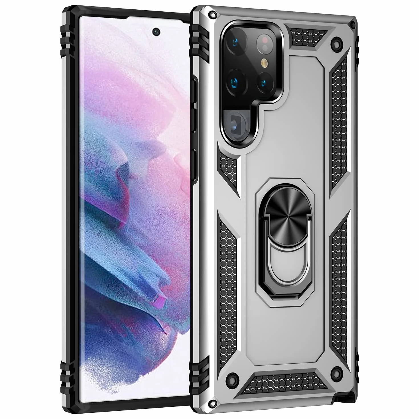 Etui kompatybilne z Samsung Galaxy S22 Ultra, osłona ekranu, dwuwarstwowa, wytrzymała osłona ochronna, odporna na wstrząsy obudowa na telefon, z podpórką, srebrne