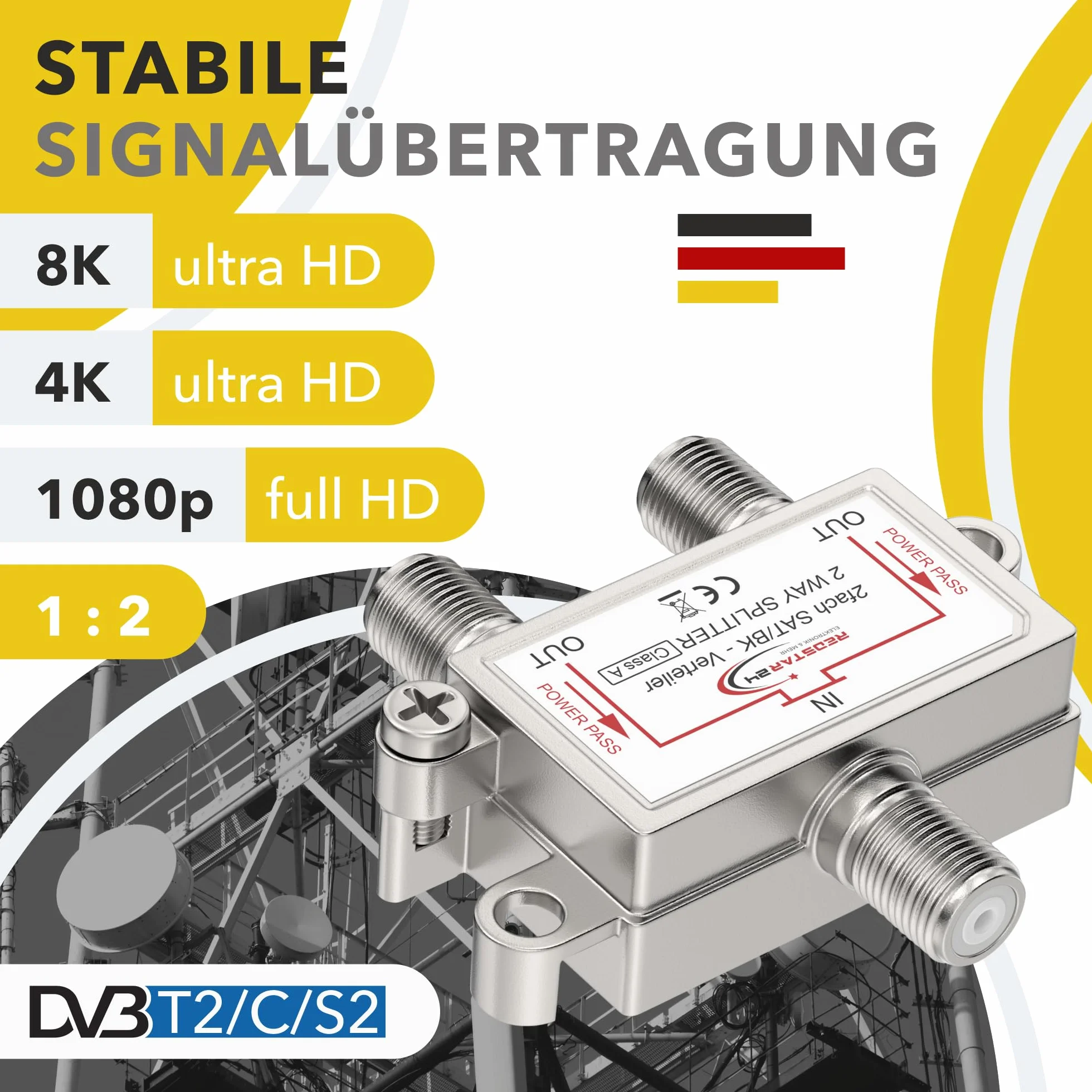 Redstar24 Podwójny rozdzielacz satelitarny SAT BK – wysokiej jakości rozdzielacz satelitarny do telewizji i radia, HDTV/UHD 4K, DVB-S/S2, DVB-T/T2, DVB-C/C2, wytrzymała obudowa, rozdzielacz SAT, 2