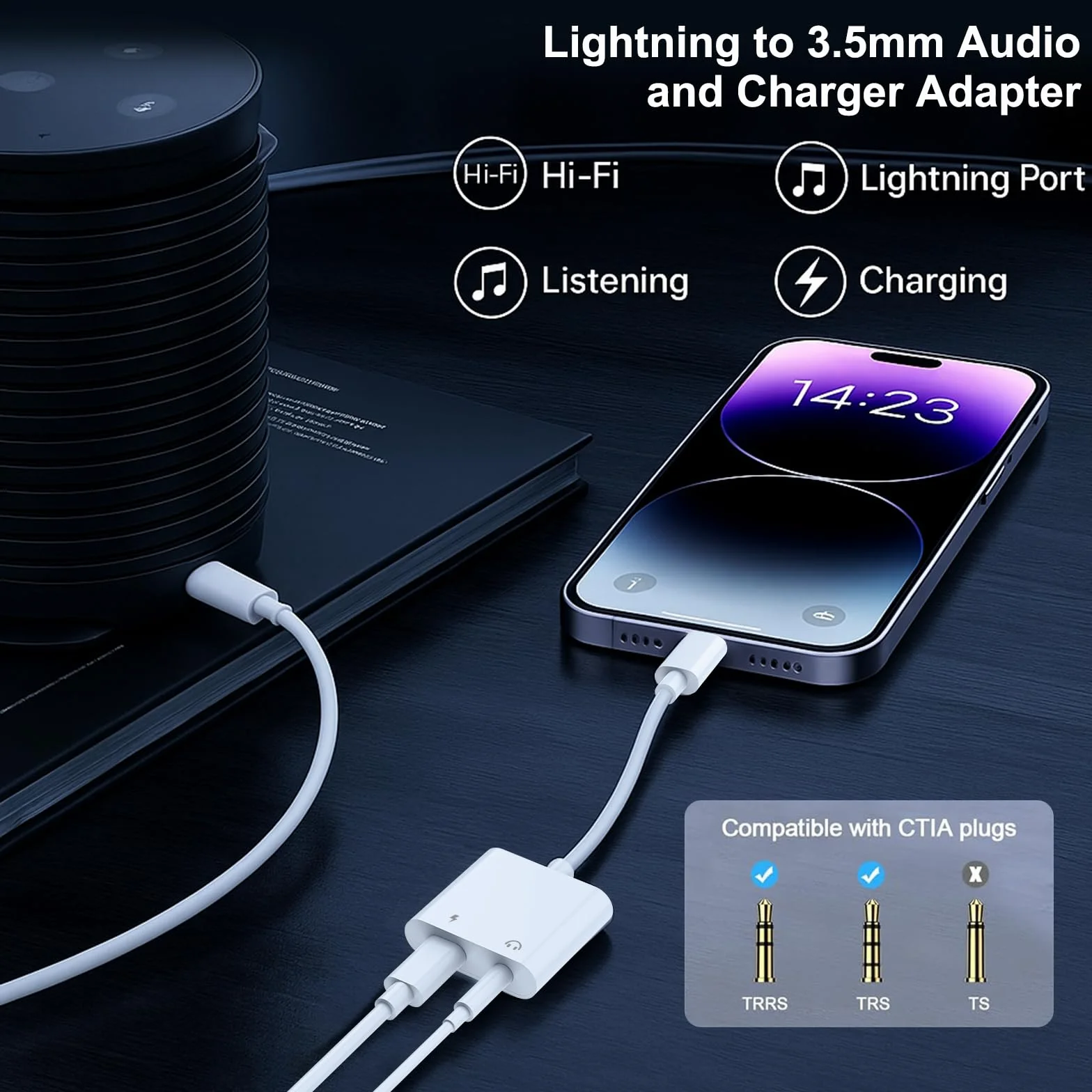 Oliveria Adapter Lightning na jack 【Certyfikat MFi】 dla iPhone, słuchawki, adapter AUX i kabel audio 3,5 mm, konwerter gniazda słuchawkowego 3,5 mm, kompatybilny z iPhone 14/13/12/11/X/XS/XR/8/7