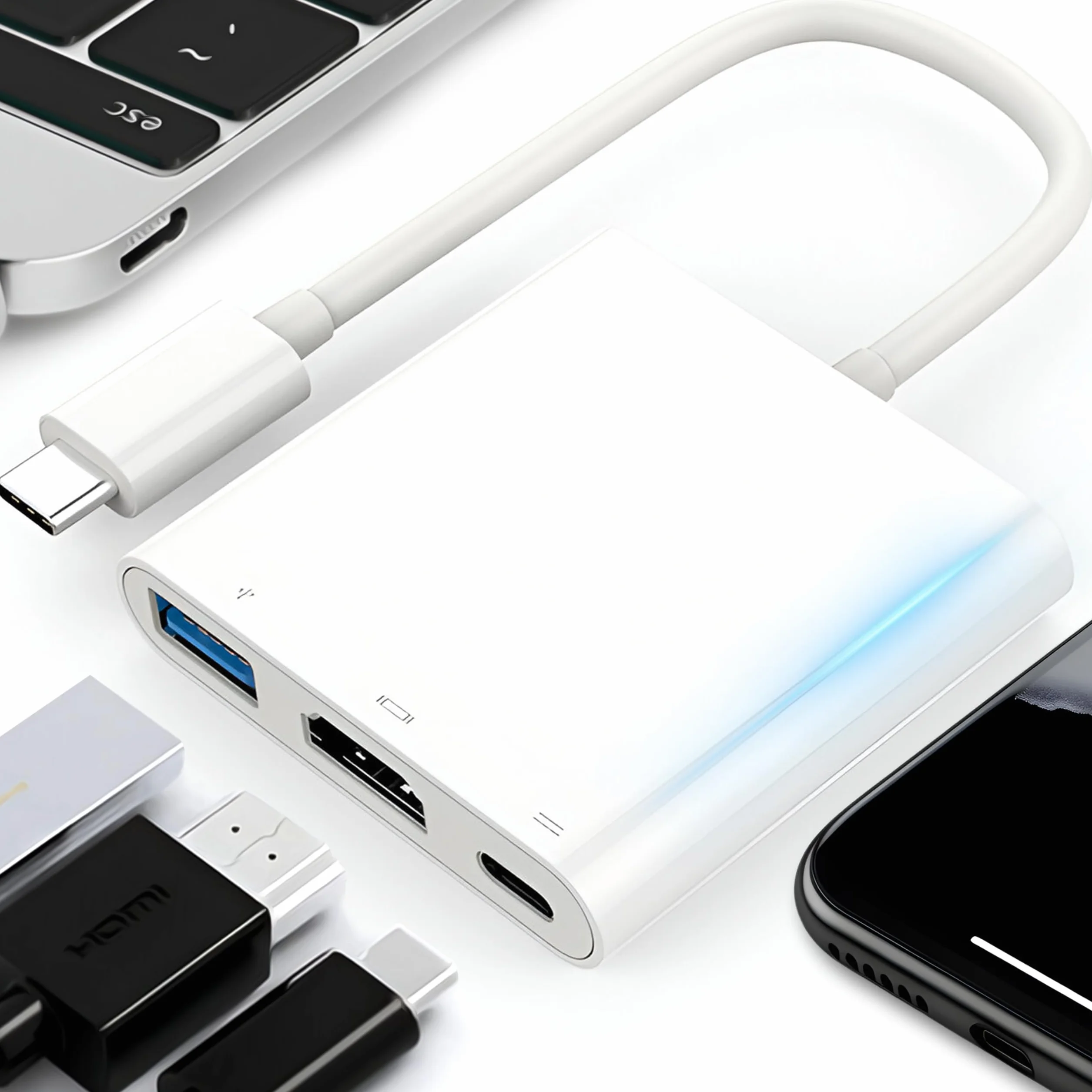 Retoo Adapter USB-C na HDMI 3 w 1, kabel 4K 60 Hz 1080p z audio, uniwersalny, aluminium, USB typu C na HDMI USB 3.1 USB-C do komputera, laptopa, Samsung S Note, OTG, srebrny