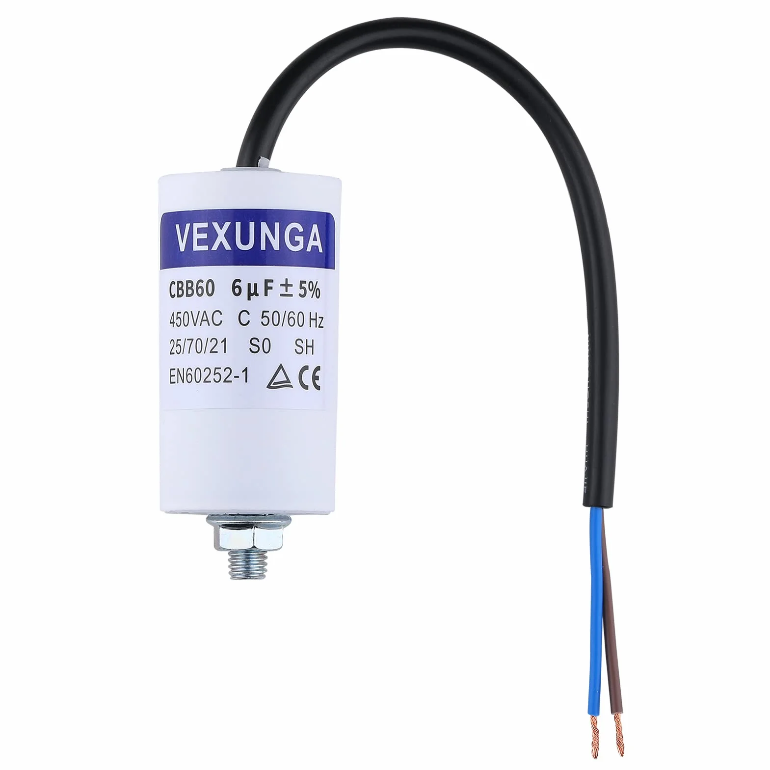VEXUNGA Kondensatory CBB60 6uF 450V Kondensator rozrusznika silnika elektrycznego 6µF 450 V 35 x 65 mm M8 kabel przyłączeniowy