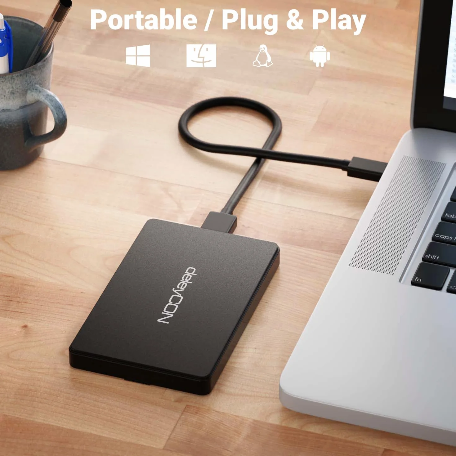 deleyCON Obudowa SSD USB C (5Gbps USB 3.1) do Dysków SATA 3 2,5" SSD / HDD / 7 mm do 9,5 mm SATA III Obudowa Zewnętrzna UASP [Czarna]