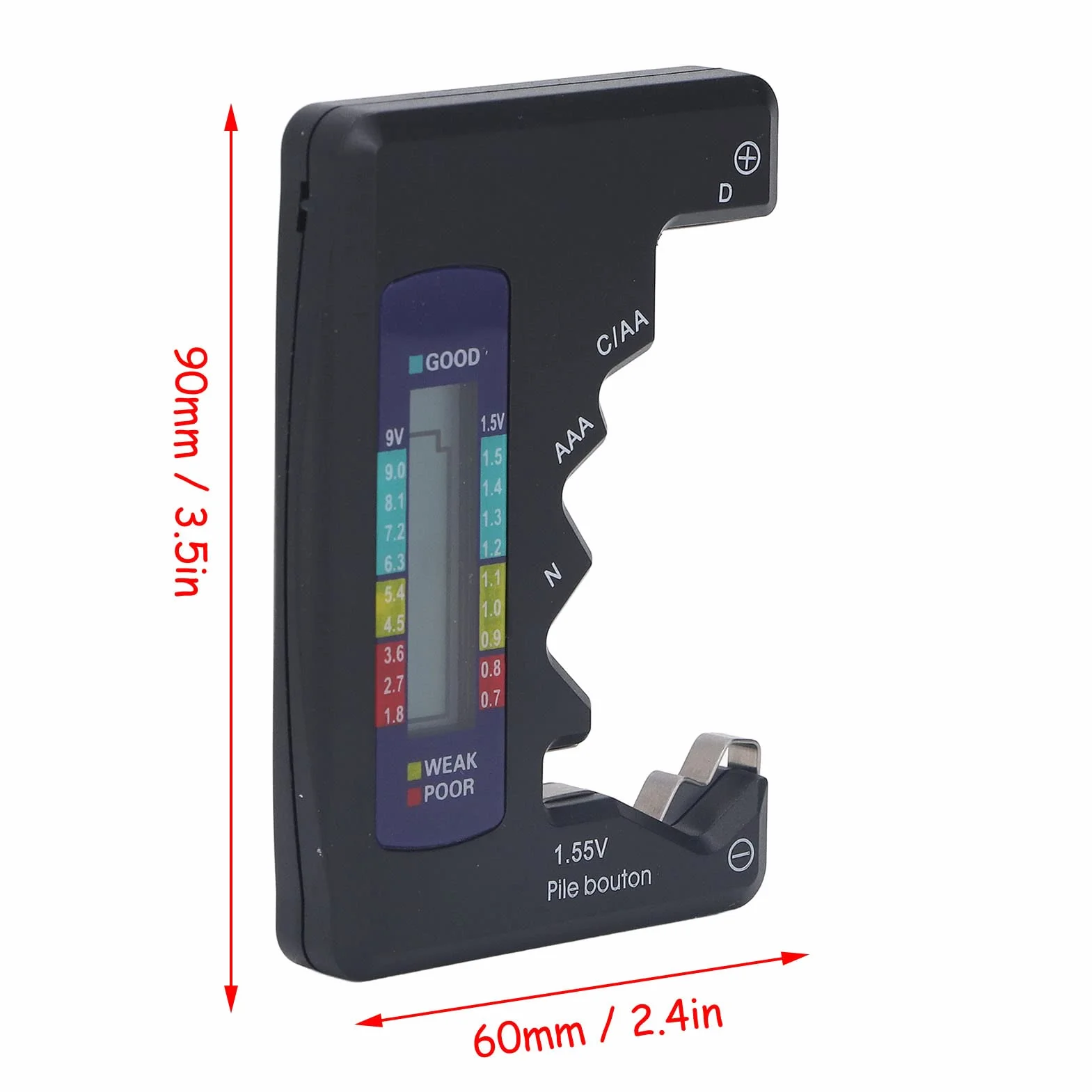 Cyfrowy Tester Baterii Cyfrowy LCD Uniwersalny Sprawdzacz Baterii Materiał ABS Światło Wskazujące na baterię 1,5 V 9 V AA AAA 9 V Baterie 6F22 1.55 V Baterie Guzikowe (Czarny)