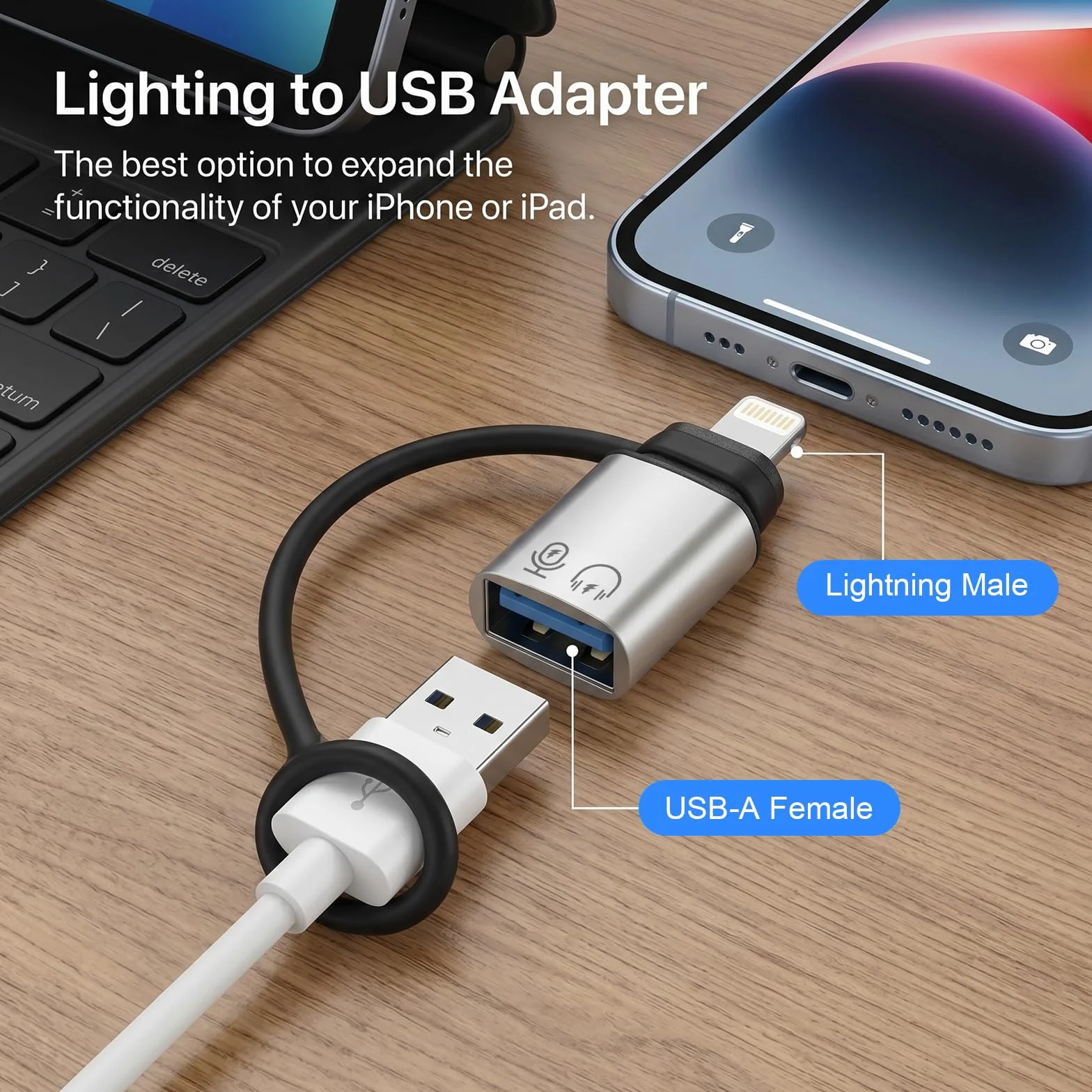 2-pak Lightning OTG adapter srebrny, Lightning na USB A/C żeński konwerter, kompatybilny z iPhone/iPad, obsługuje pamięć flash USB, klawiaturę, mysz, ładowanie i słuchawki, przenośny Plug and