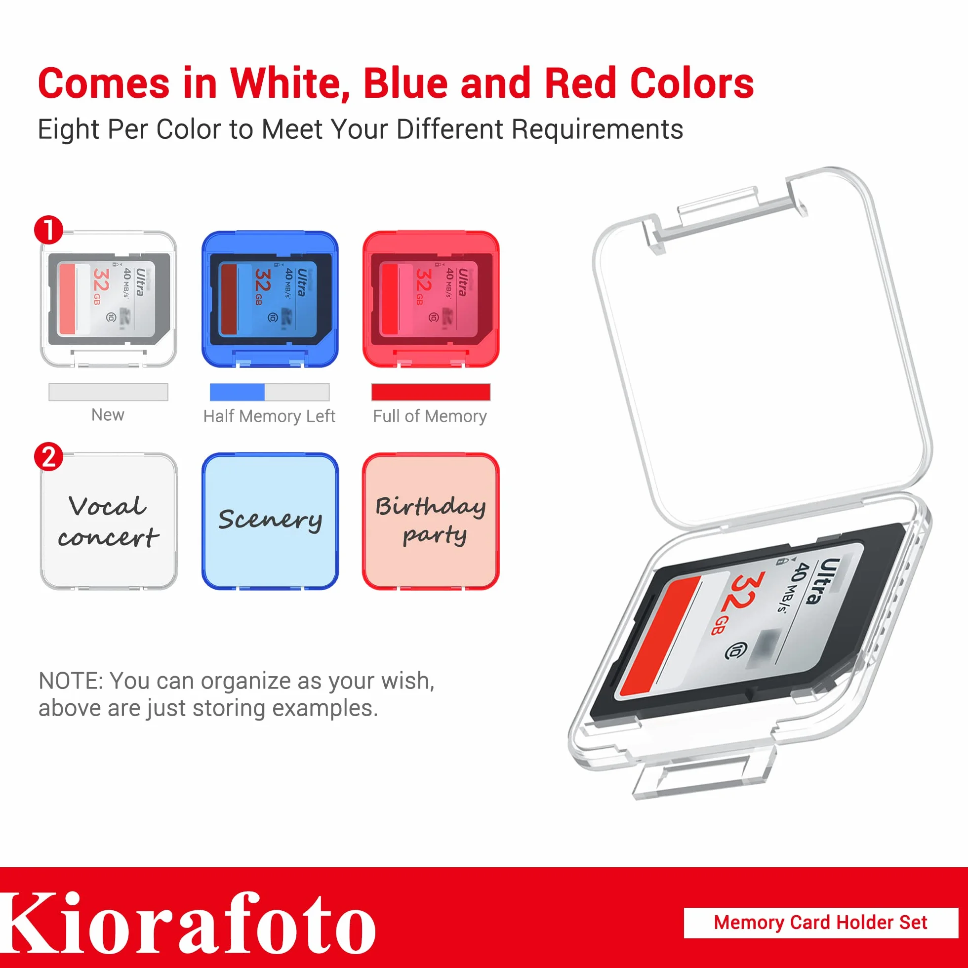 Kiorafoto Wielokolorowe przezroczyste plastikowe etui na karty SD na 24 karty SD SDXC SDHC, przezroczyste, standardowe etui na karty pamięci, pudełko na biżuterię, organizer do przechowywania z