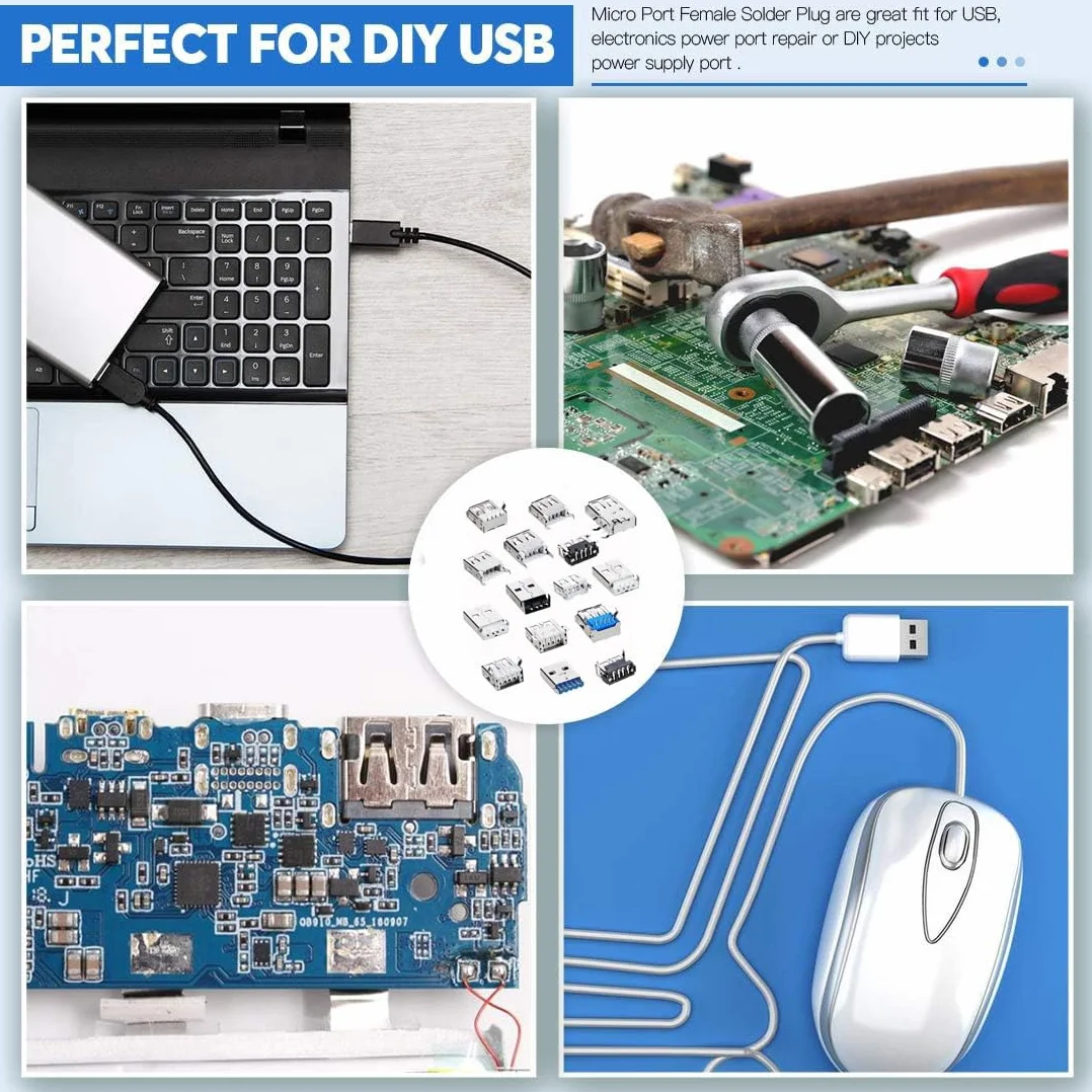 RUNCCI-YUN 95szt. 14 wartości USB 2.0 3.0 Typ A Micro USB złącze do lutowania, złącze Micro USB 2.0 3.0 Typ A złącze lutowe męsko-żeńskie, adapter USB do wbudowanego gniazda płytki drukowanej DIY
