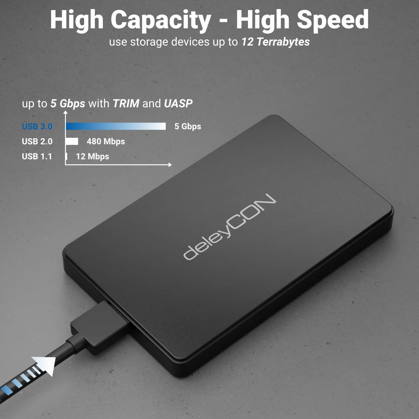 deleyCON Obudowa SSD USB C (5Gbps USB 3.1) do Dysków SATA 3 2,5" SSD / HDD / 7 mm do 9,5 mm SATA III Obudowa Zewnętrzna UASP [Czarna]