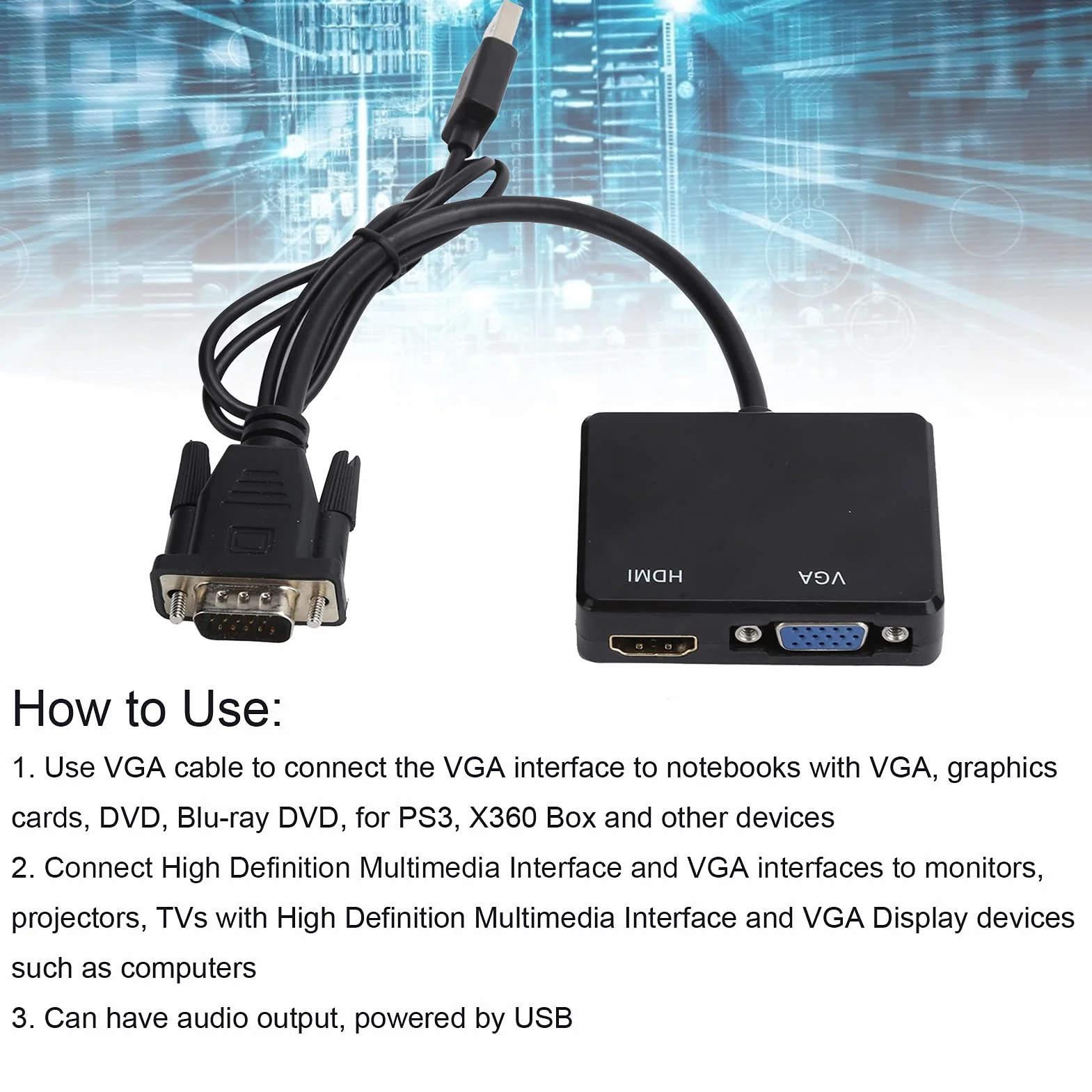 Kabel VGA na HDMI, Przejściówka z Dźwiękiem do Podłączenia Starego Komputera, Laptopa do Nowego Monitora, Wyświetlacza, Telewizora HD (Czarny)