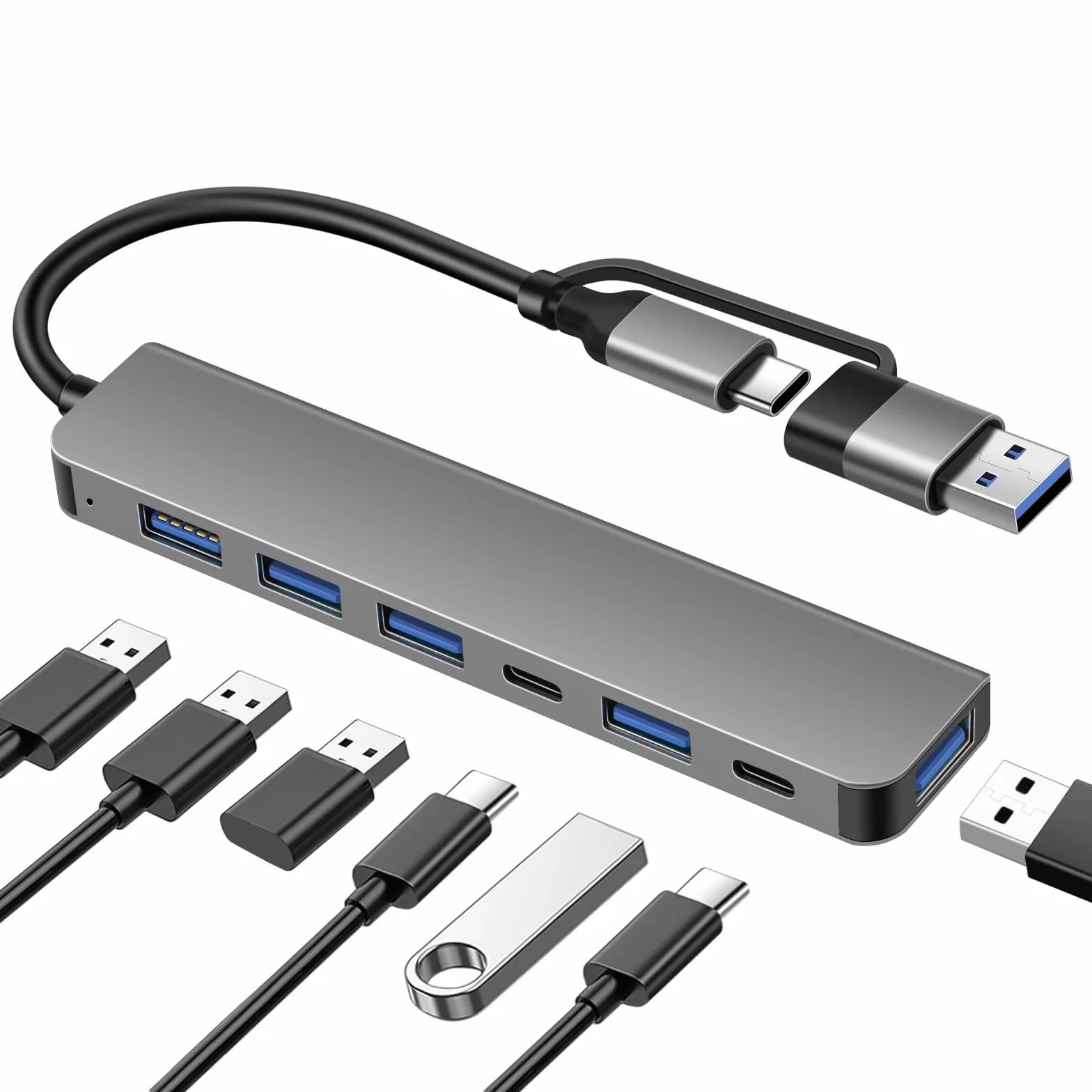DEMKICO 7-w-1 Hub USB z podwójnym złączem USB-A i USB-C, 1× USB 3.0, 4× USB 2.0, 2× porty danych USB-C, szybki adapter wielourządzeniowy do laptopów, tabletów i telefonów