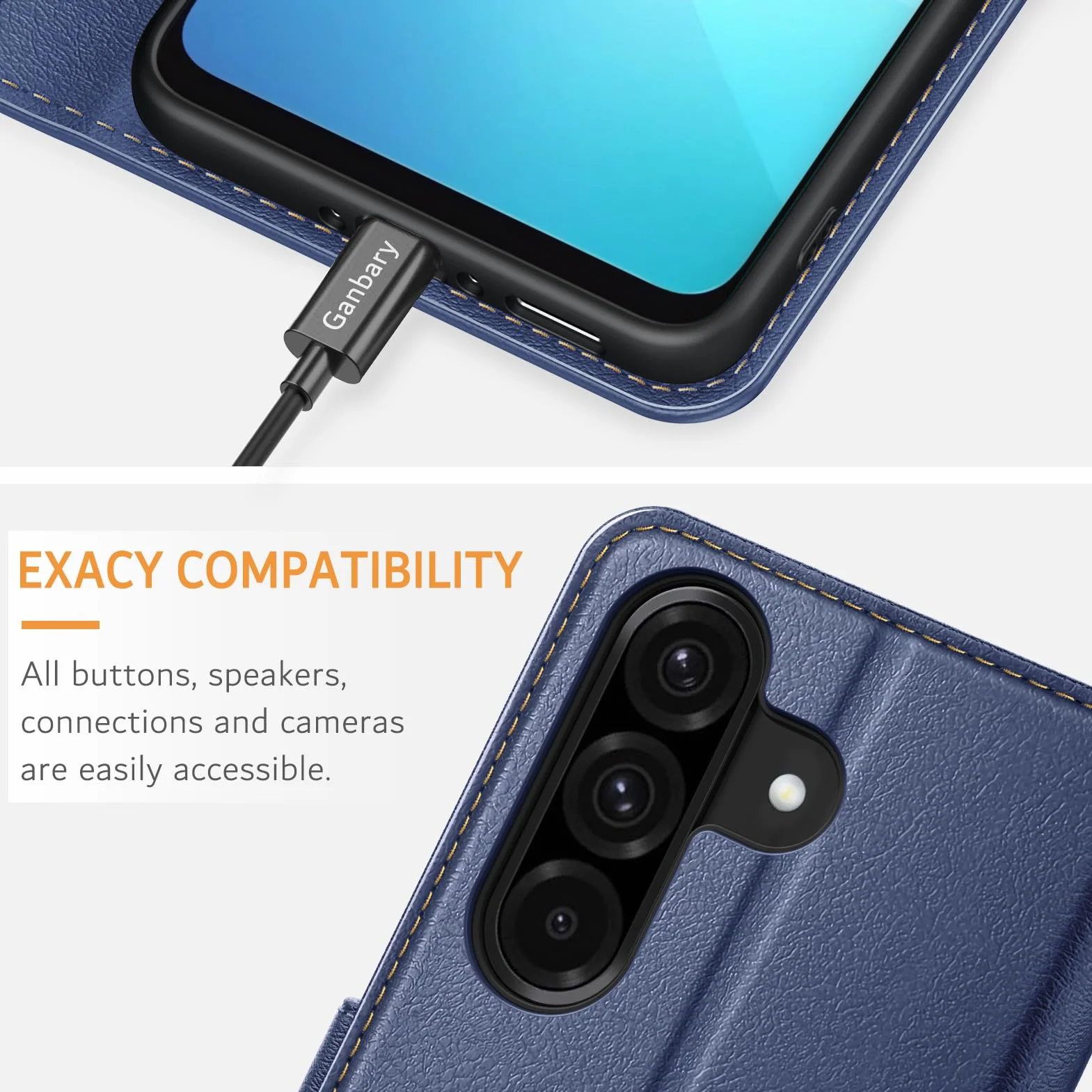 Ganbary etui do Samsung Galaxy A26 5G, wysokiej jakości z klapką ze skóry PU [pełna ochrona] [przegródki na karty] [podpórka], granatowe