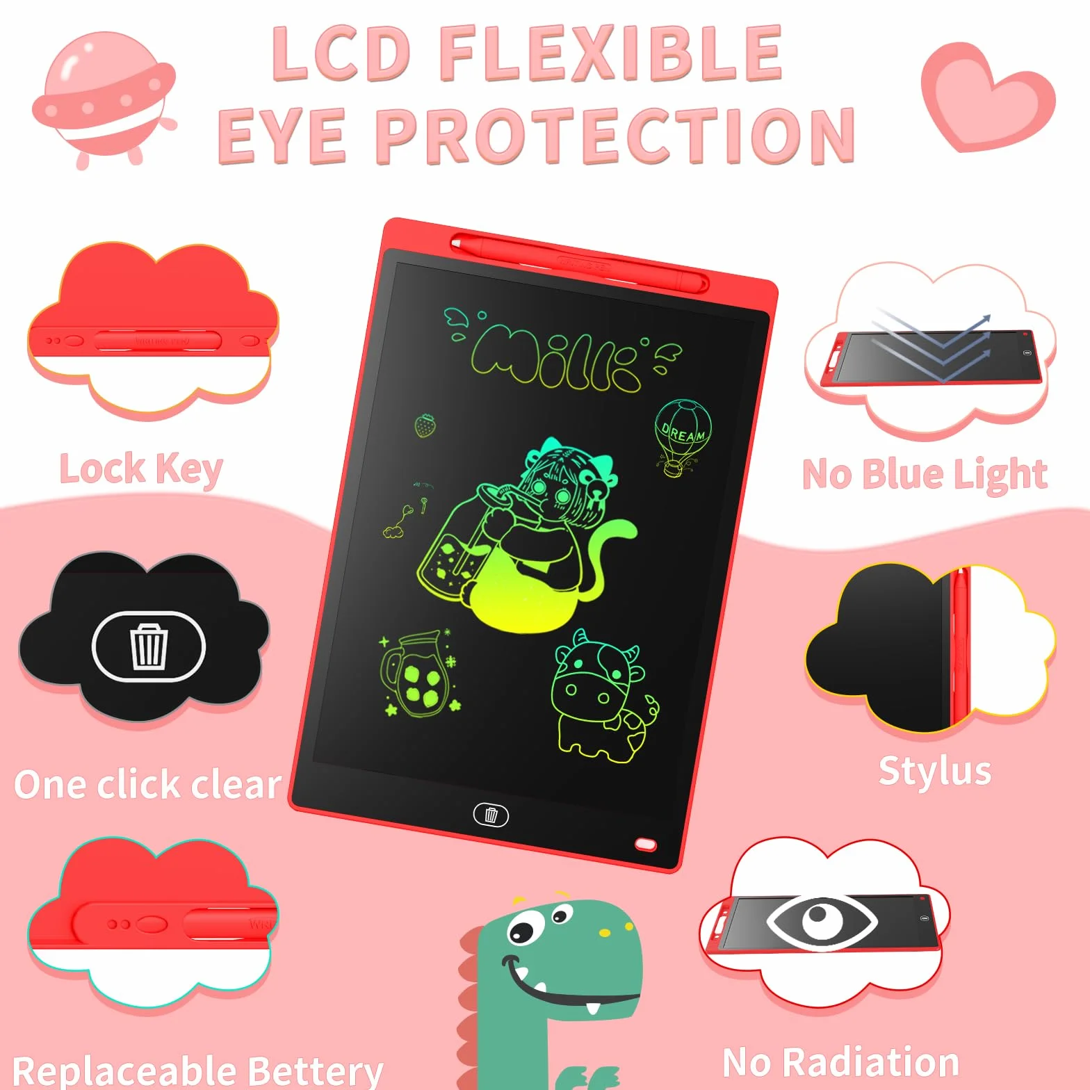 Genialba Tablet LCD do Pisania 12 Cali Kolorowy Tablet Elektroniczny Ekran do Rysowania Zabawka Edukacyjna Prezent dla 2 3 4 5 lat Chłopcy Dziewczęta Boże Narodzenie Urodziny (Czerwony)