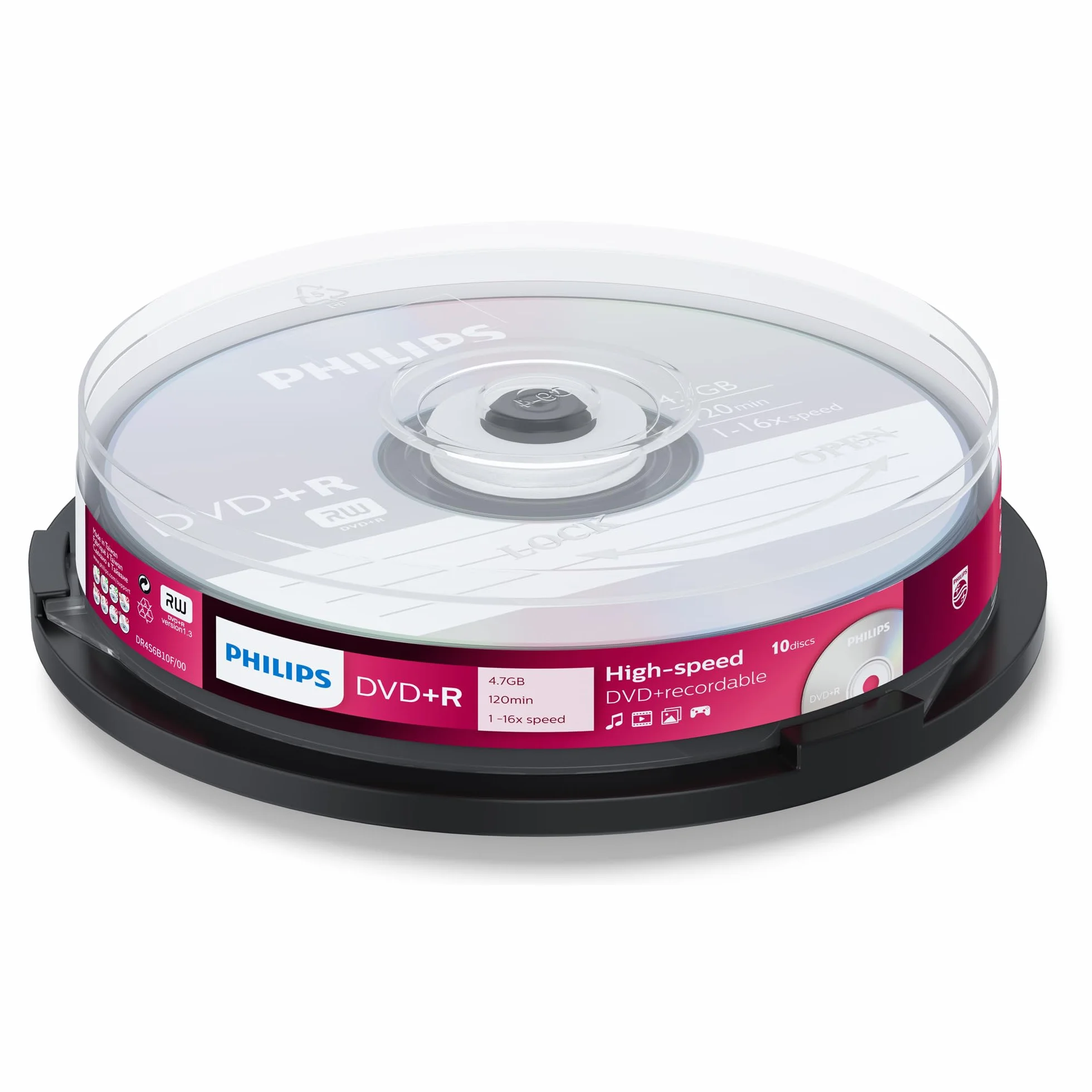 Philips DVD+R nośniki o wysokiej prędkości High-speed (4,7 GB / 120 minut wideo, 1-16x prędkość, wrzeciona 10 szt.)