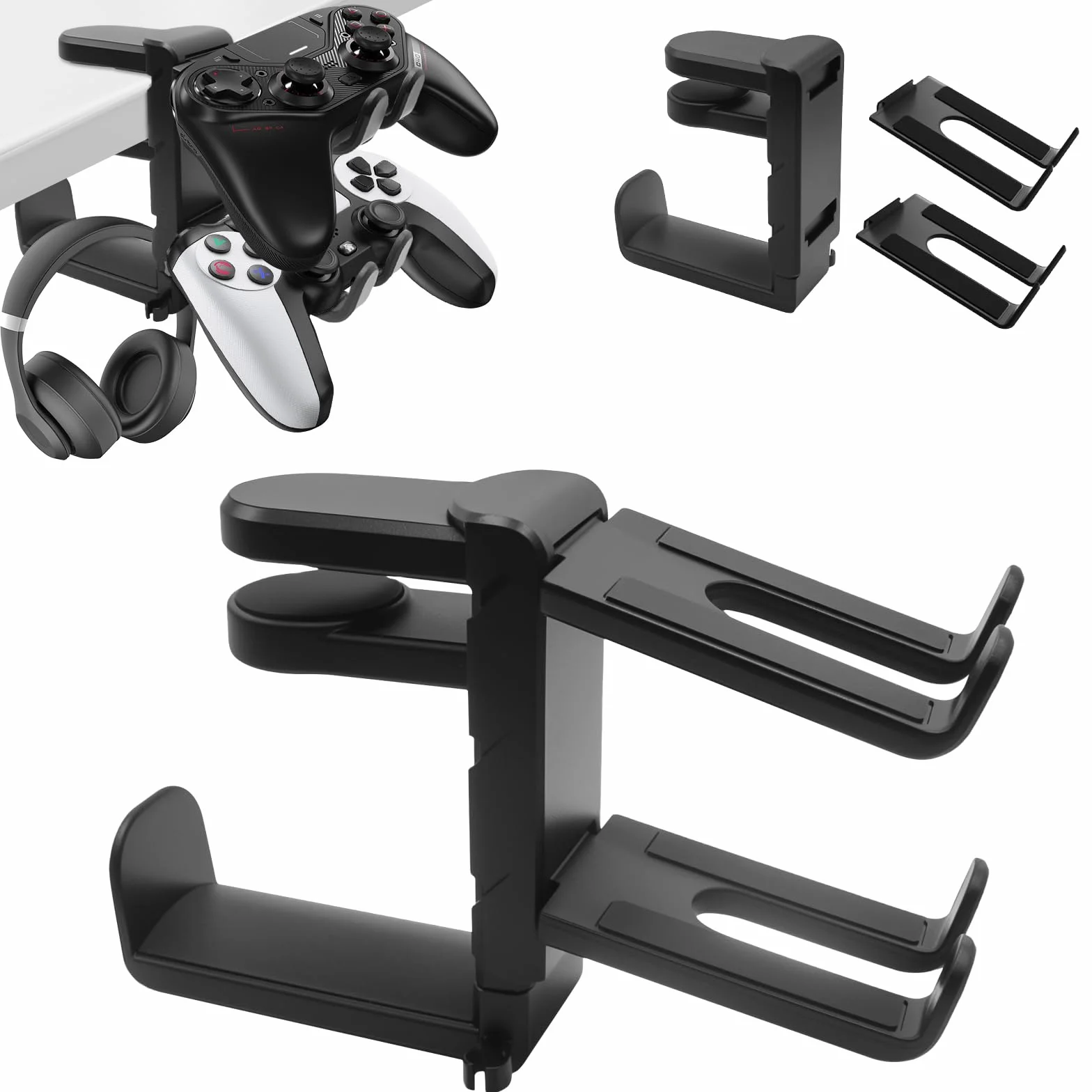 Uchwyt na słuchawki i kontroler 2 w 1 – uchwyt na słuchawki pod stolik z zaciskiem, obracany o 360°, z klipsem na kabel, podwójna półka na PS5 / Xbox / Switch/PC Gaming, antypoślizgowy, czarny