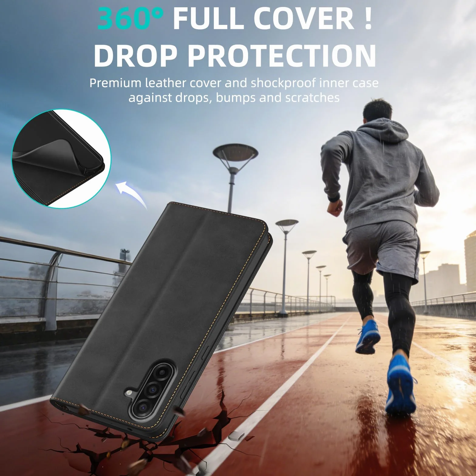 Phoona Etui do Samsung Galaxy A17 5G z 1 szkłem hartowanym, etui premium ze skóry PU, blokada RFID, odporność na wstrząsy, magnetyczne, otwory na karty, ze wspornikiem, czarne etui z klapką