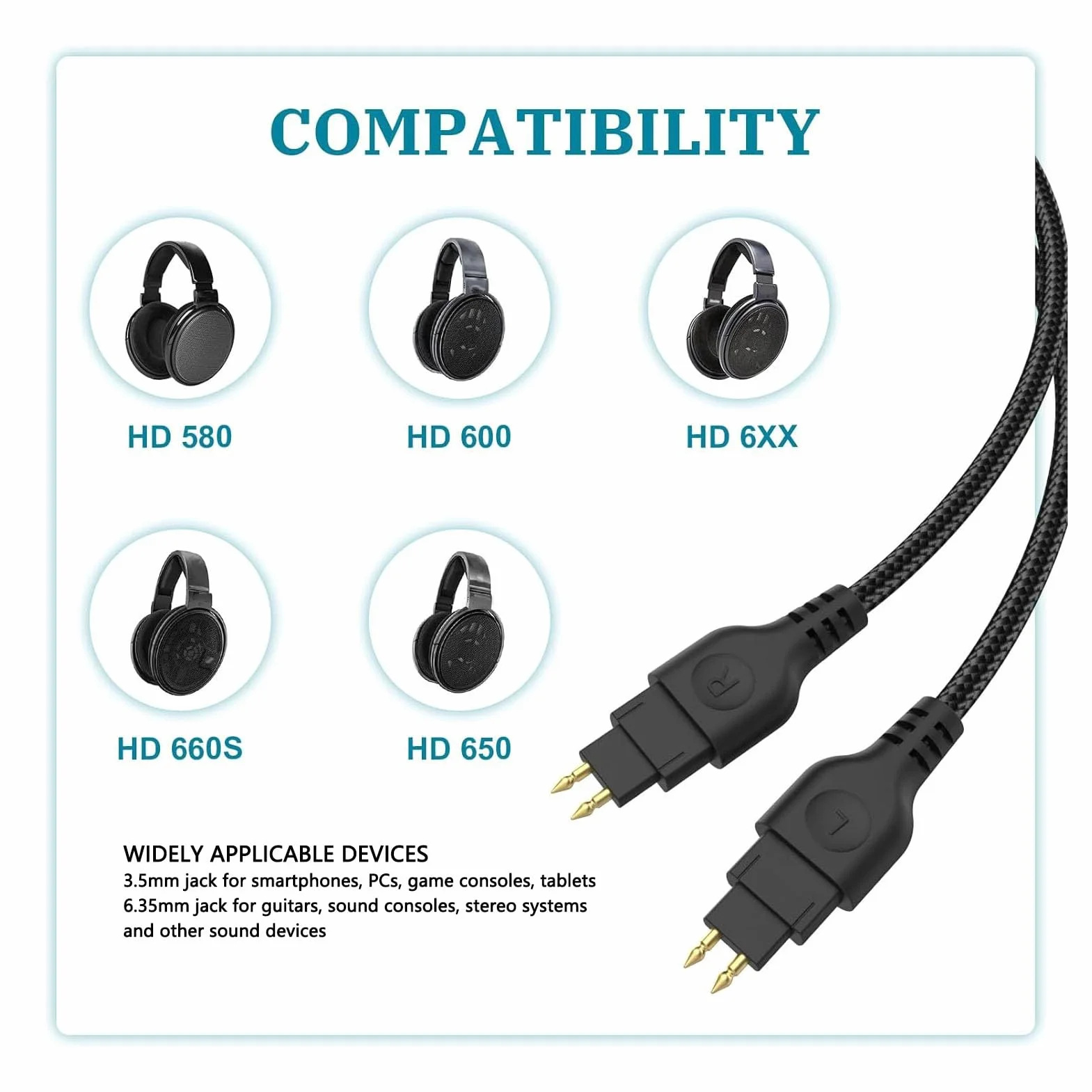 Zamienny Kabel Audio do HD580 HD600 HD650 HD660S HD6XX HD535 HD545 HD565 HD265, Przewód 6,6 Stopy 6,35 Mm