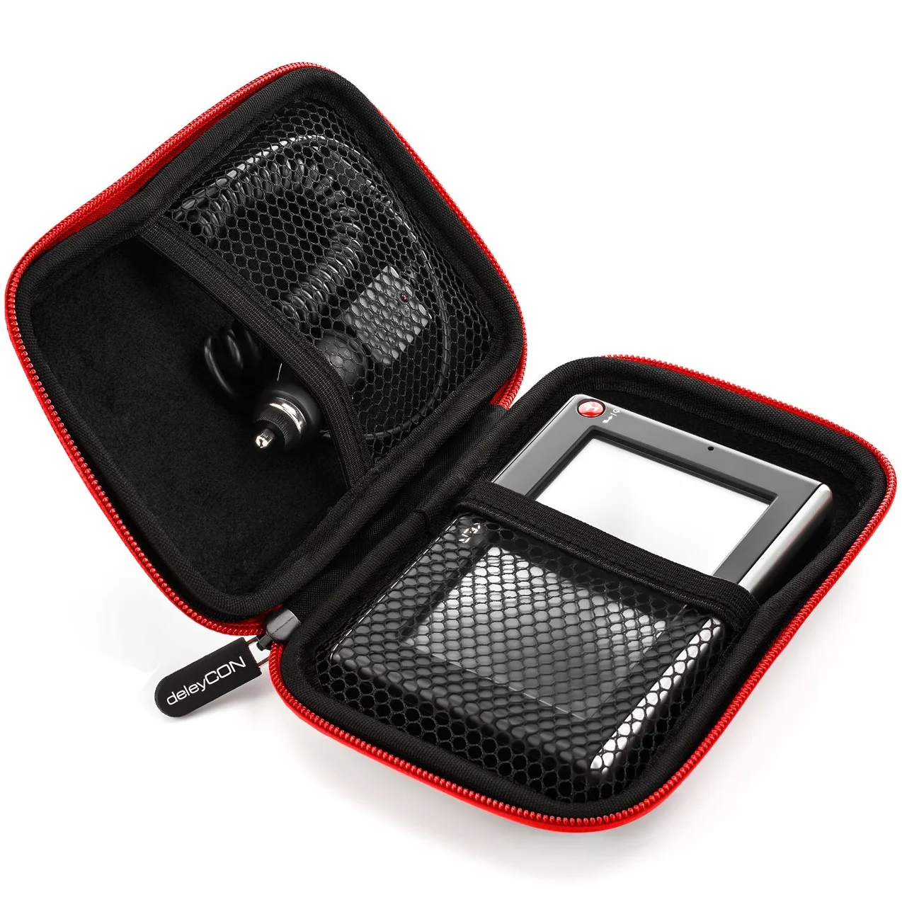 deleyCON Torba Navi Torba Navi Case na Urządzenia Nawigacyjne - 4,3 Cala i 5 Cali (14,6 x 9,3 x 3,4 cm) - Solidna Odporna na Wstrząsy 2 Przegródki Wewnętrzne - Czerwona