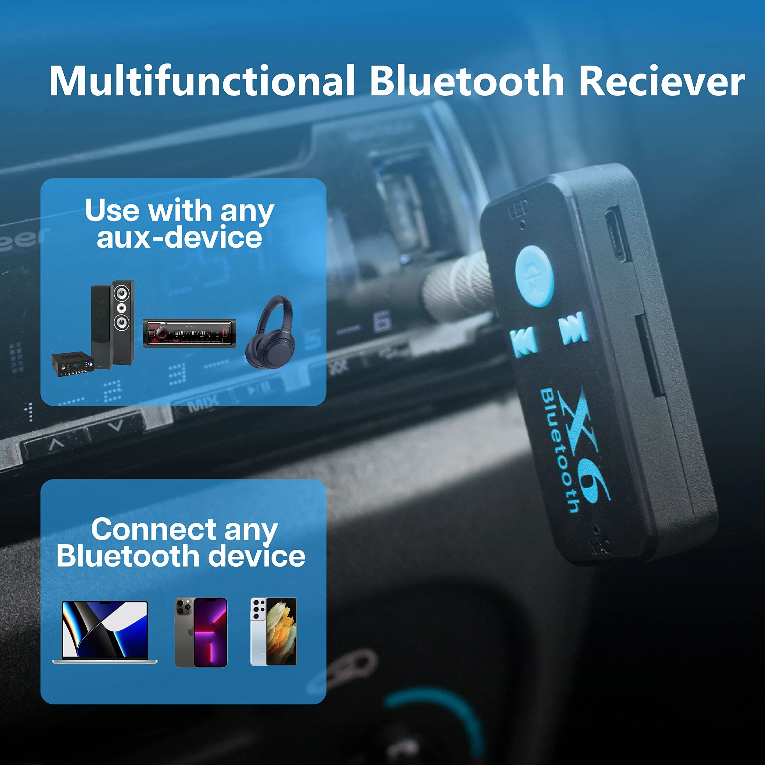 MMOBIEL Auto adaptera Bluetooth AUTO - Bluetooth odbiorca w samochodzie, w domu, słuchawki i głośniki - Wolność zadzwoń i słuchanie muzyki podczas jazdy - Połączenie Aux 3,5 mm - Czarny