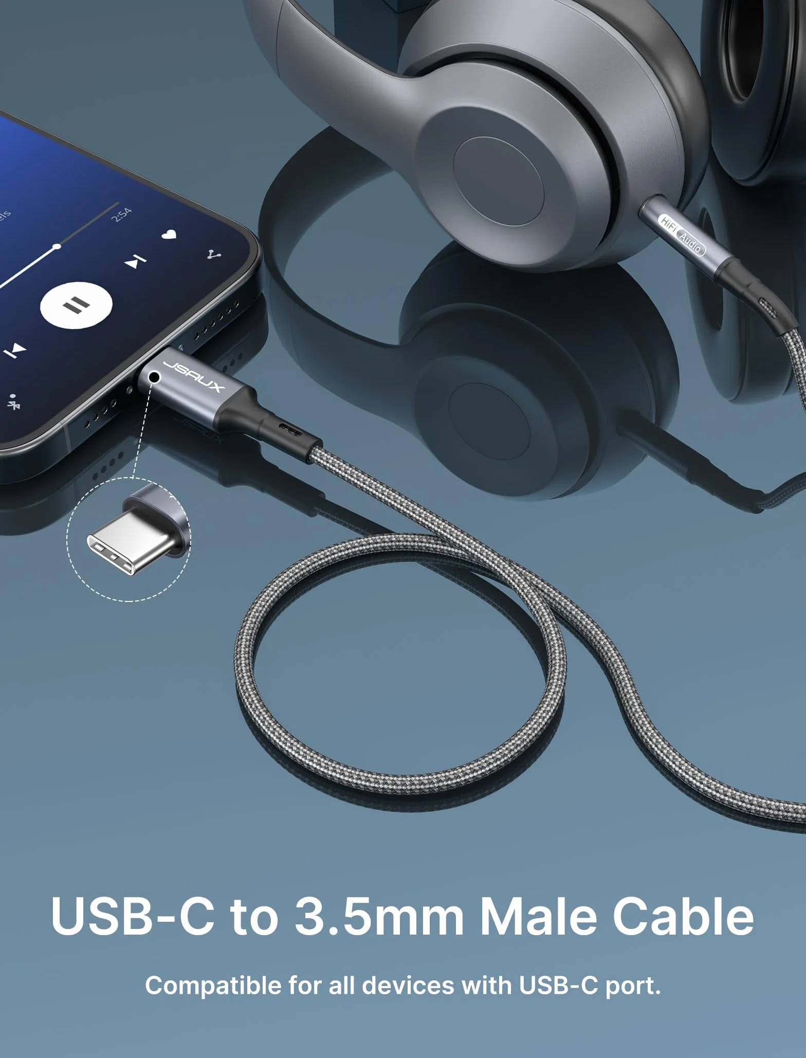 JSAUX Kabel USB C do Aux 1M, USB typu C do 3,5 mm kabel audio jack do iPhone 15 Pro Max, iPad Pro, Samsung Galaxy S24/S23/S22 Ultra, Huawei P40