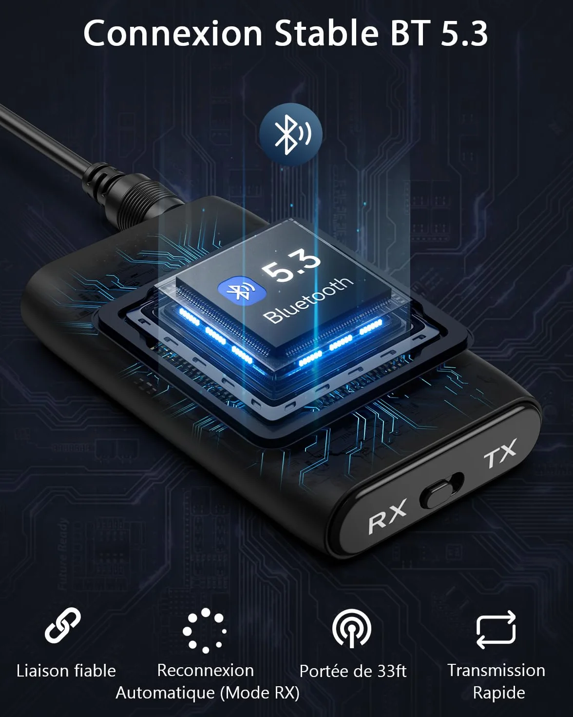 Bluetooth Adapter Audio, nadajnik Bluetooth 2 w 1, odbiornik nadajnika 5.3, gniazdo AUX 3,5 mm do słuchawek, głośników, samochodu, telewizora, ładowanie Type-C