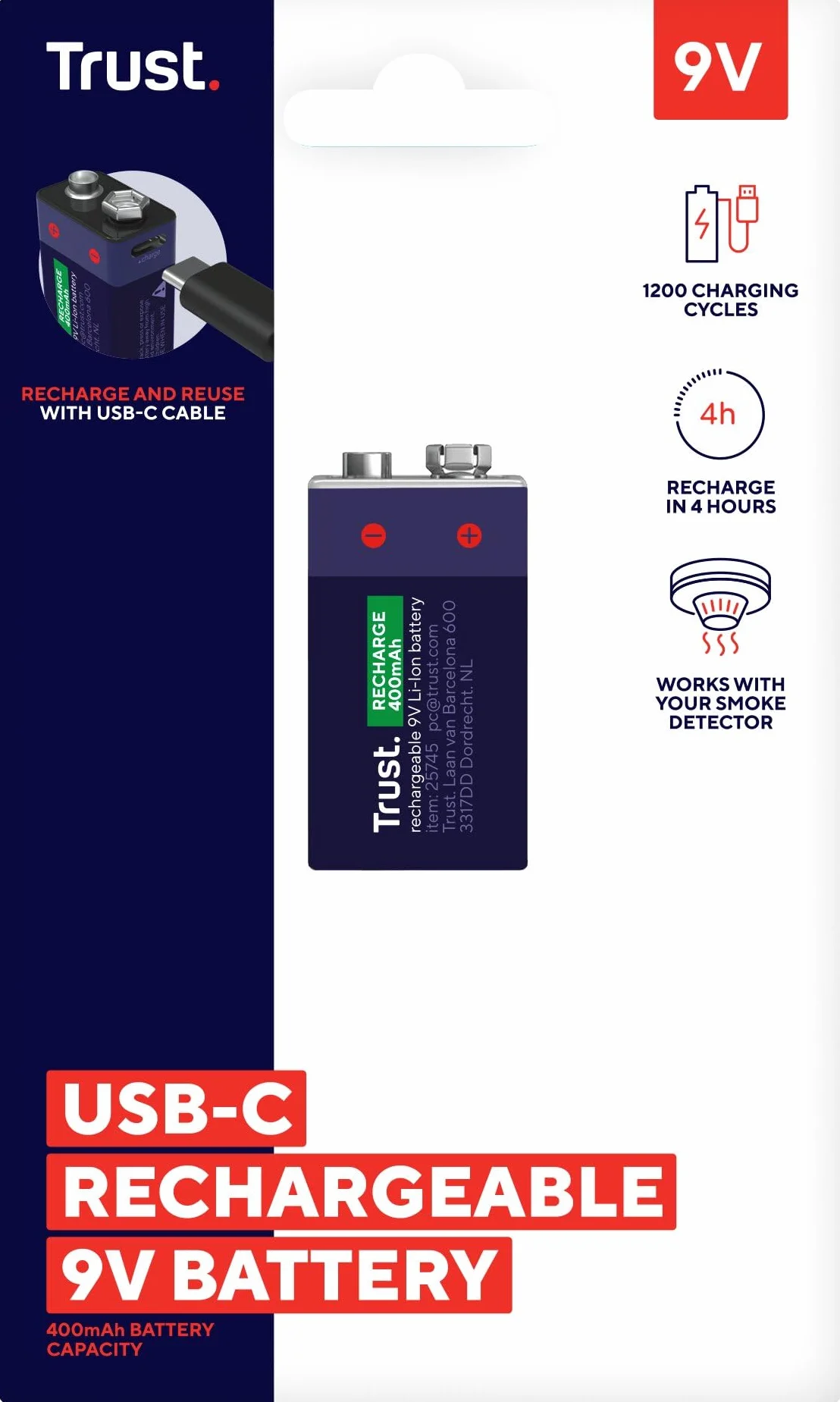 Trust bateria 9 V USB-C 4,44 Wh do czujnika dymu