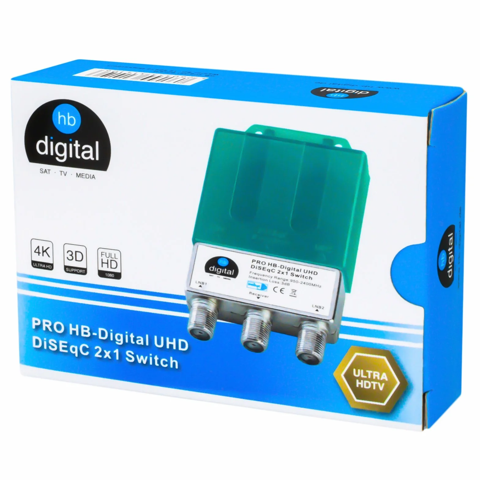 1 x PRO DiseqC przełącznik Switch 2/1 z obudową chroniącą przed warunkami atmosferycznymi HB-DIGITAL 2X SAT LNB 1 x odbiornik/odbiornik do Full HDTV 3D 4K UHD + 3 x pozłacane wtyczki F pozłacane
