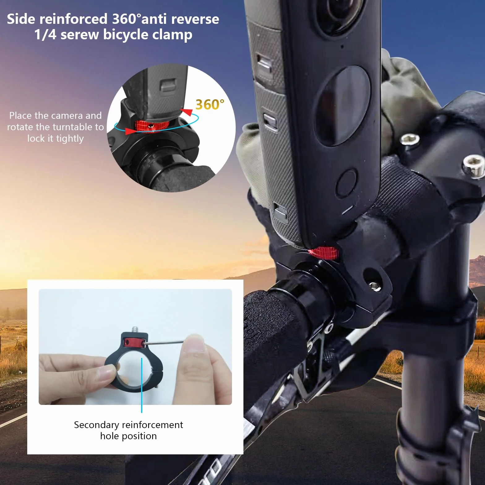 Obrotowy o 360° uchwyt na kierownicę rowerową do Gopro, klips do kamery rowerowej ze śrubą 1/4 cala, kompatybilny z DJI OSMO i kamerami akcji