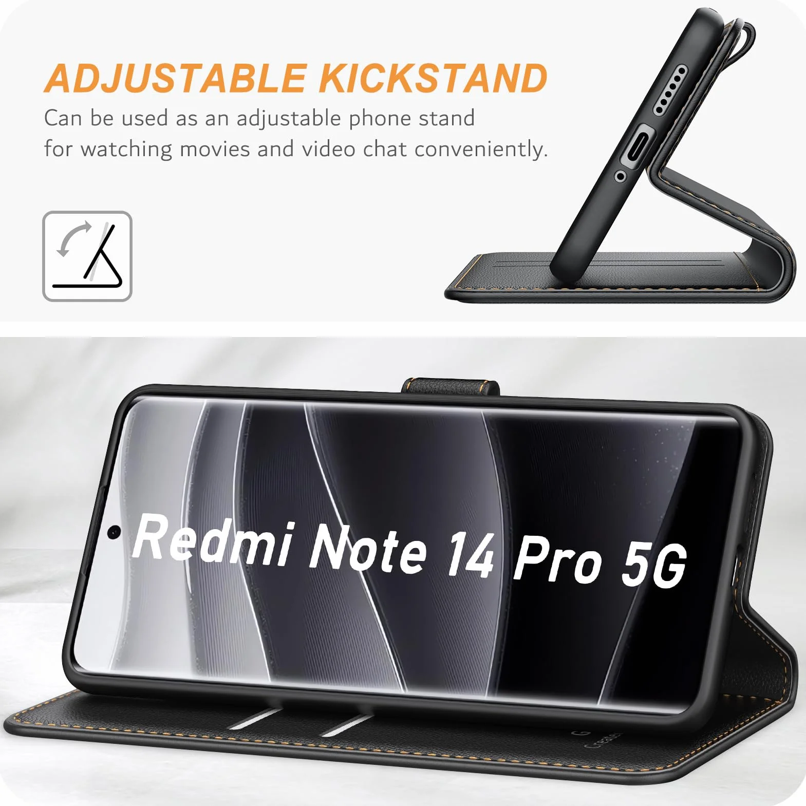 Ganbary Etui kompatybilne z Xiaomi Redmi Note 14 Pro 5G (nie dla 4G), wysokiej jakości etui z klapką ze skóry PU [pełna ochrona] [przegródki na karty] [podpórka], czarne