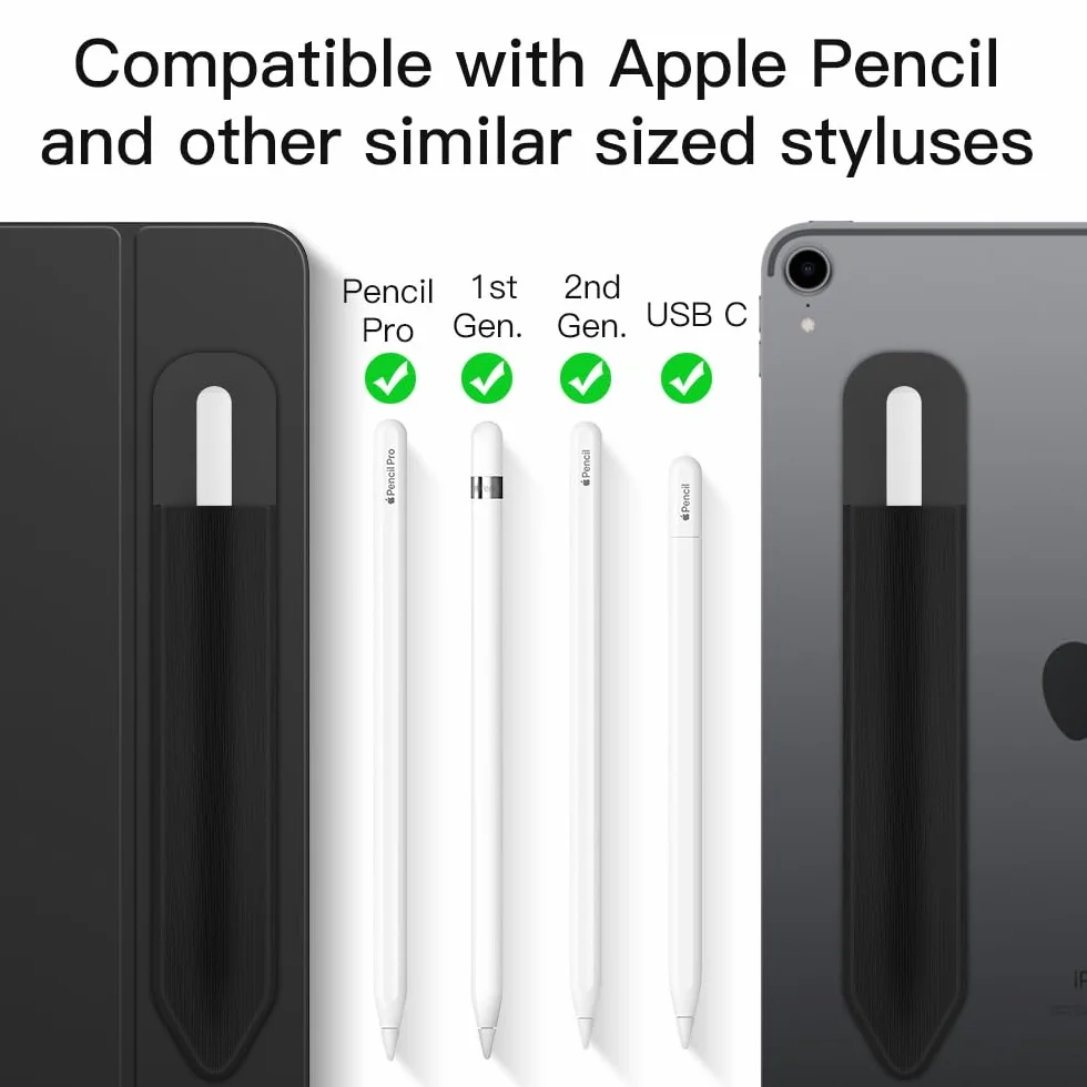Moko Pencil Holder Sticker Fit Apple Pencil Pro, Apple Pencil (USB-C), Apple Pencil 1st/2nd Generation, Elastic Pencil Pocket Pouch Adhesive Sleeve Attached to iPad Case for Stylus Pens, Black
