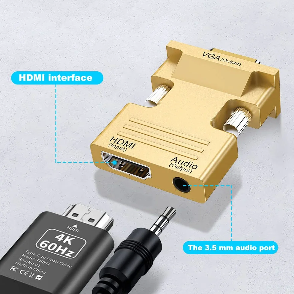 HDMI na VGA, 1080P HDMI żeński na VGA męski konwerter kabla audio wideo z kablem audio 3,5 mm do komputera, stacjonarnego, monitora HDTV itp. (złoty)