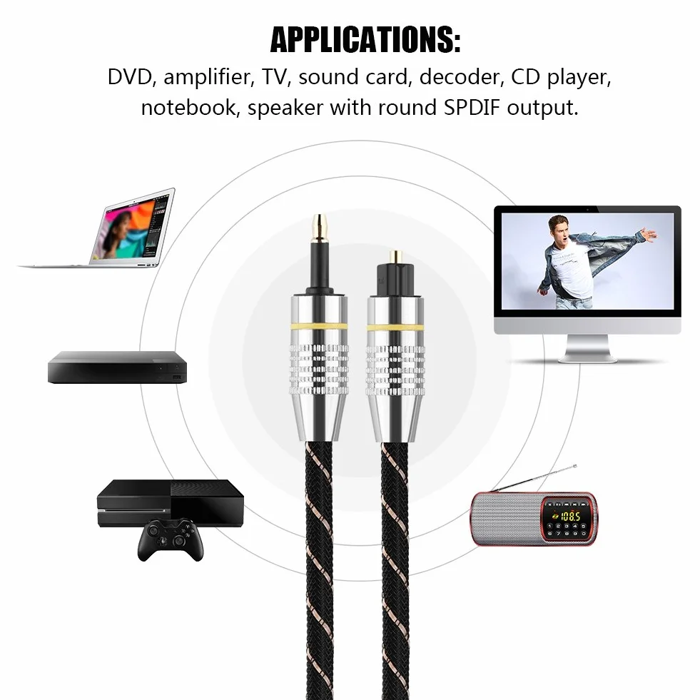 Yosoo Health Gear gniazdo optyczne, kabel Toslink do Mini Toslink 3,5 mm, optyczny cyfrowy kabel audio do Toslink, pozłacane złącze, czarny optyczny kabel audio (1,5 m)