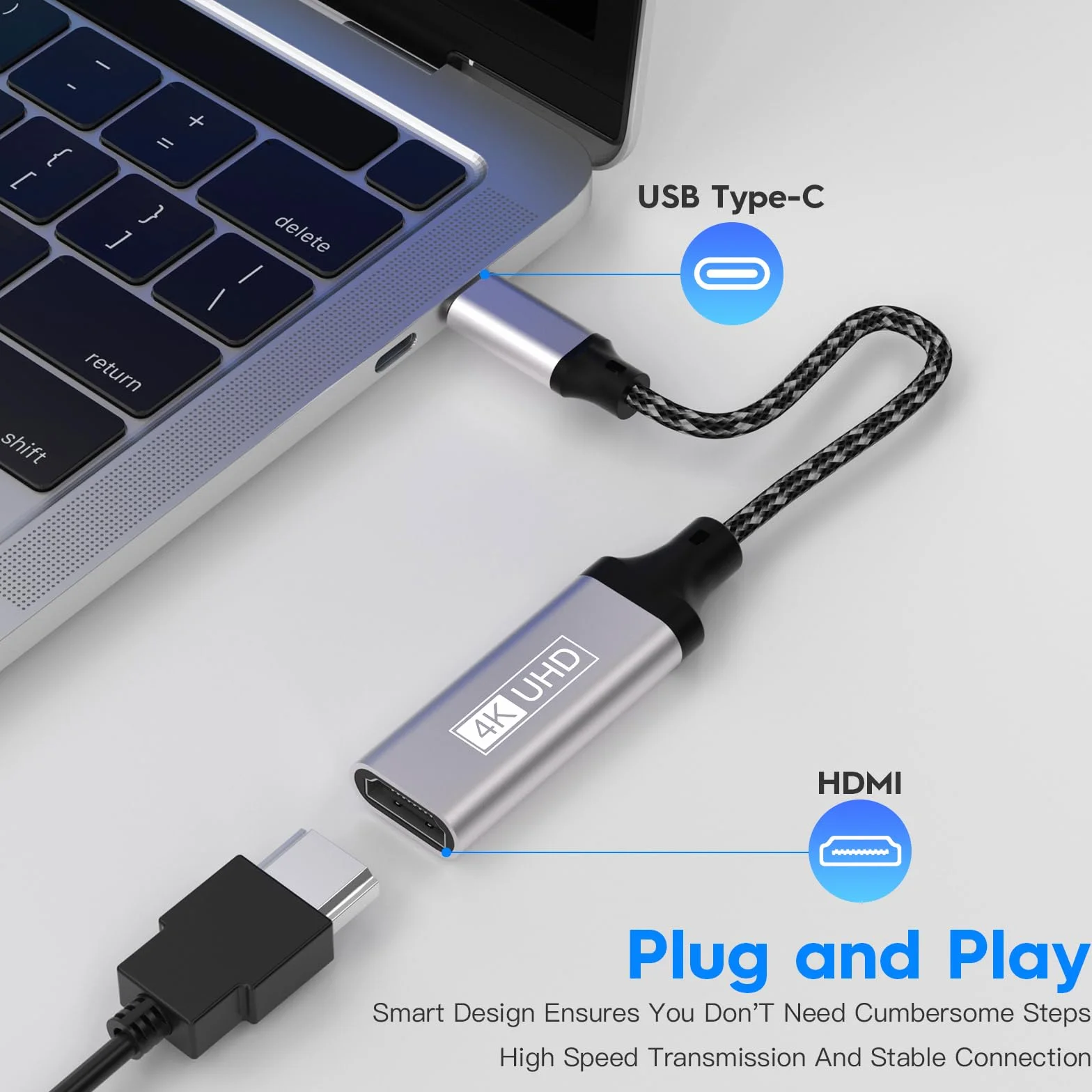 Adapter USB C HDMI, adapter USB C na HDMI 4K, adapter Thunderbolt 3 auf HDMI, kompatybilny z MacBook Pro/Air, Dell XPS 15/13, iPad Pro/Air, Pixelbook, Samsung Galaxy S/Note, Huawei P40, Surface Pro,