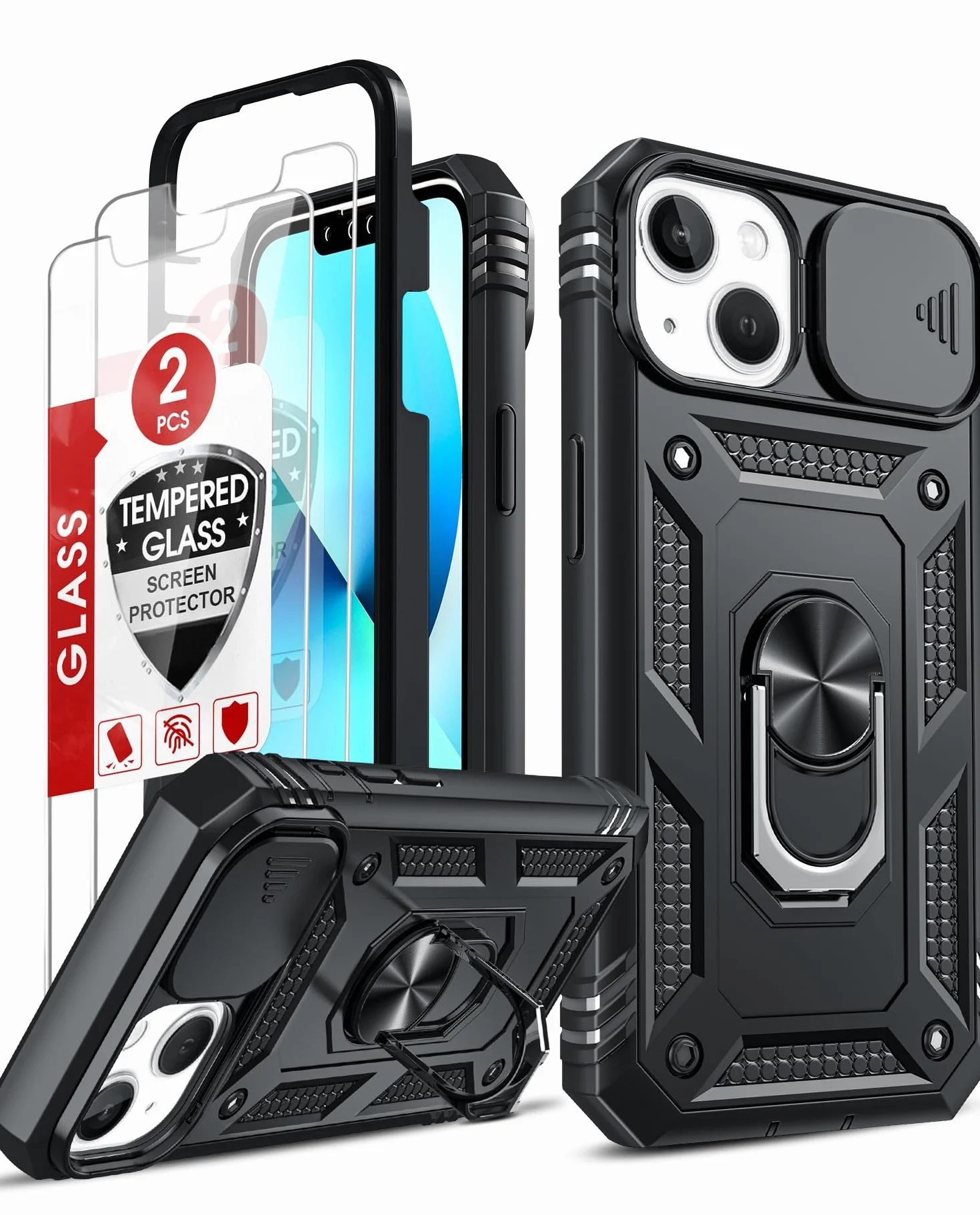LeYi Etui na iPhone 13 ze szkła hartowanego [2 opakowanie], etui ochronne na aparat [Slidable] Odporny na wstrząsy pierścień wojskowy 360° uchwyt TPU etui na telefon iPhone 13.6.1 '' czarny