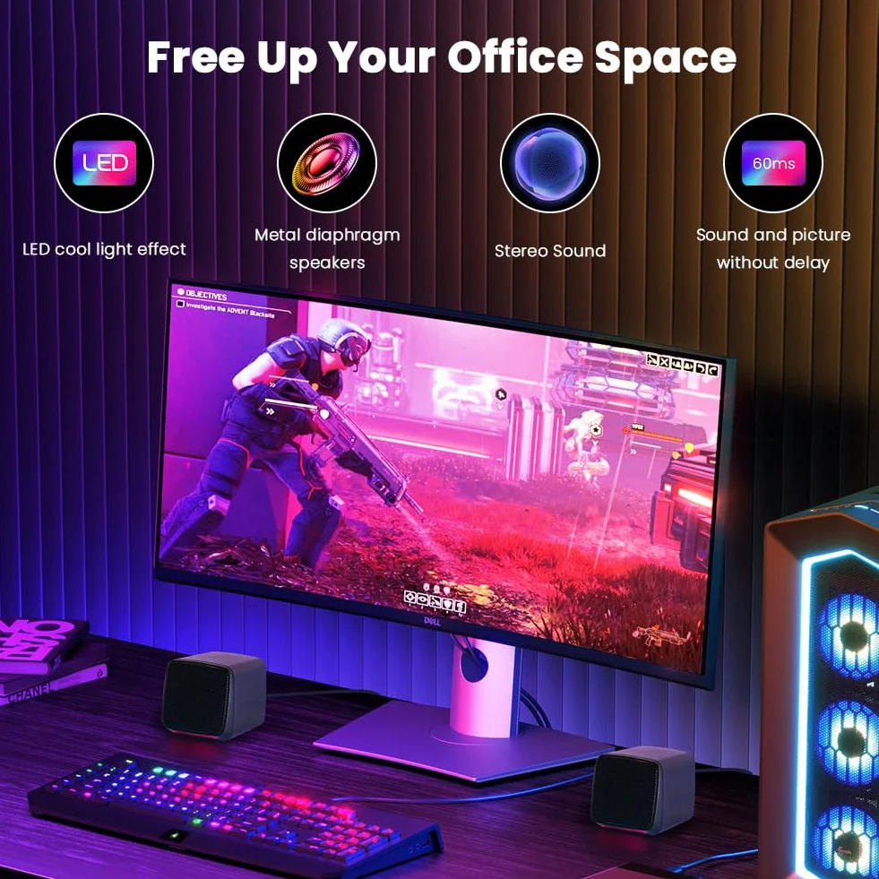 Vicloon Głośniki PC, głośniki 2.0 do komputera lub laptopa, kompaktowy głośnik zasilany przez USB, wejście Aux 3,5 mm, kolorowe światła RGB, 1 para, czarny