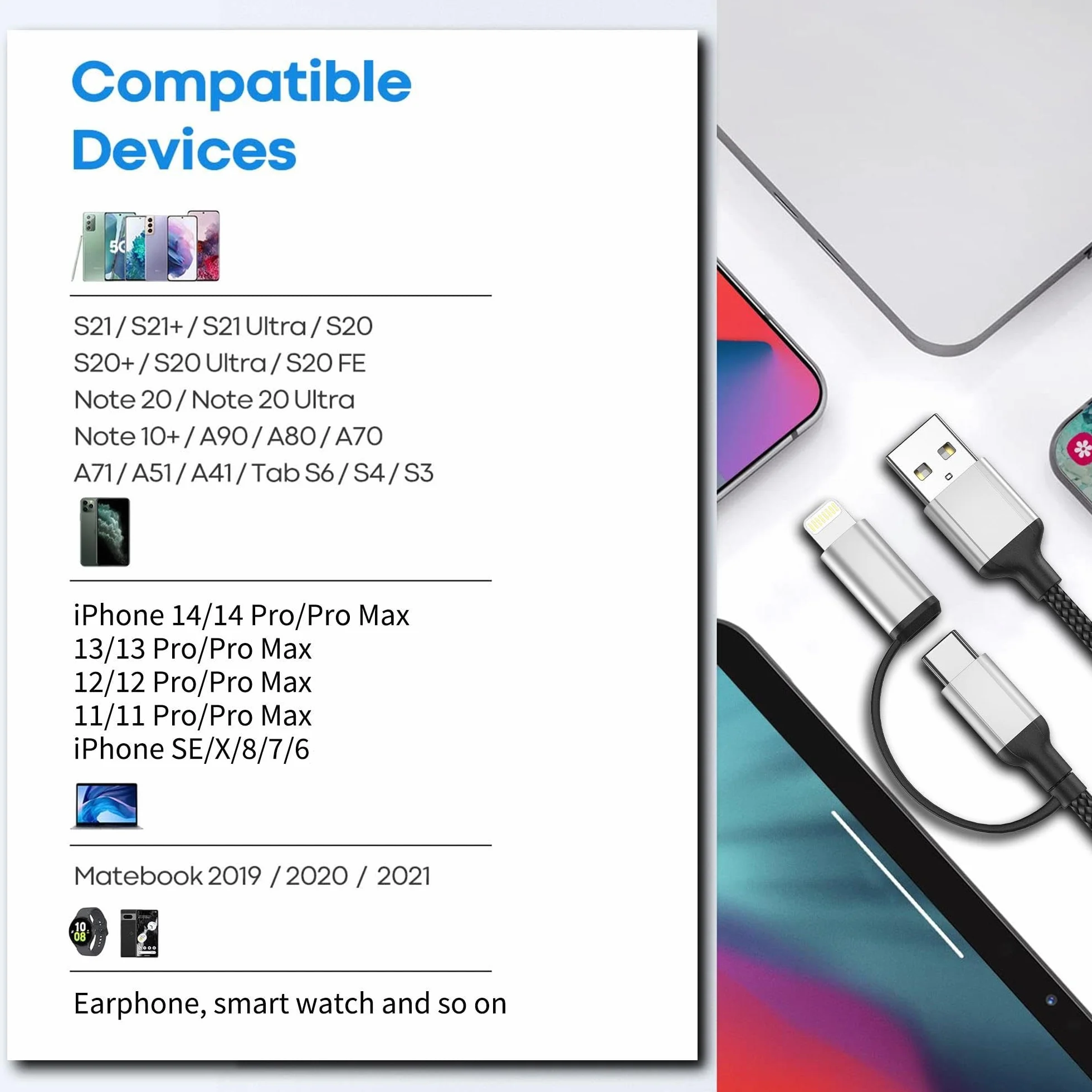 Kabel USB C 1,5 m, 2 w 1, kabel do szybkiego ładowania, USB A na USB typu C i kabel Lightning do ładowania iPhone'a, Samsung, Huawei, Xiaomi, OnePlus, Google, czarno-szary