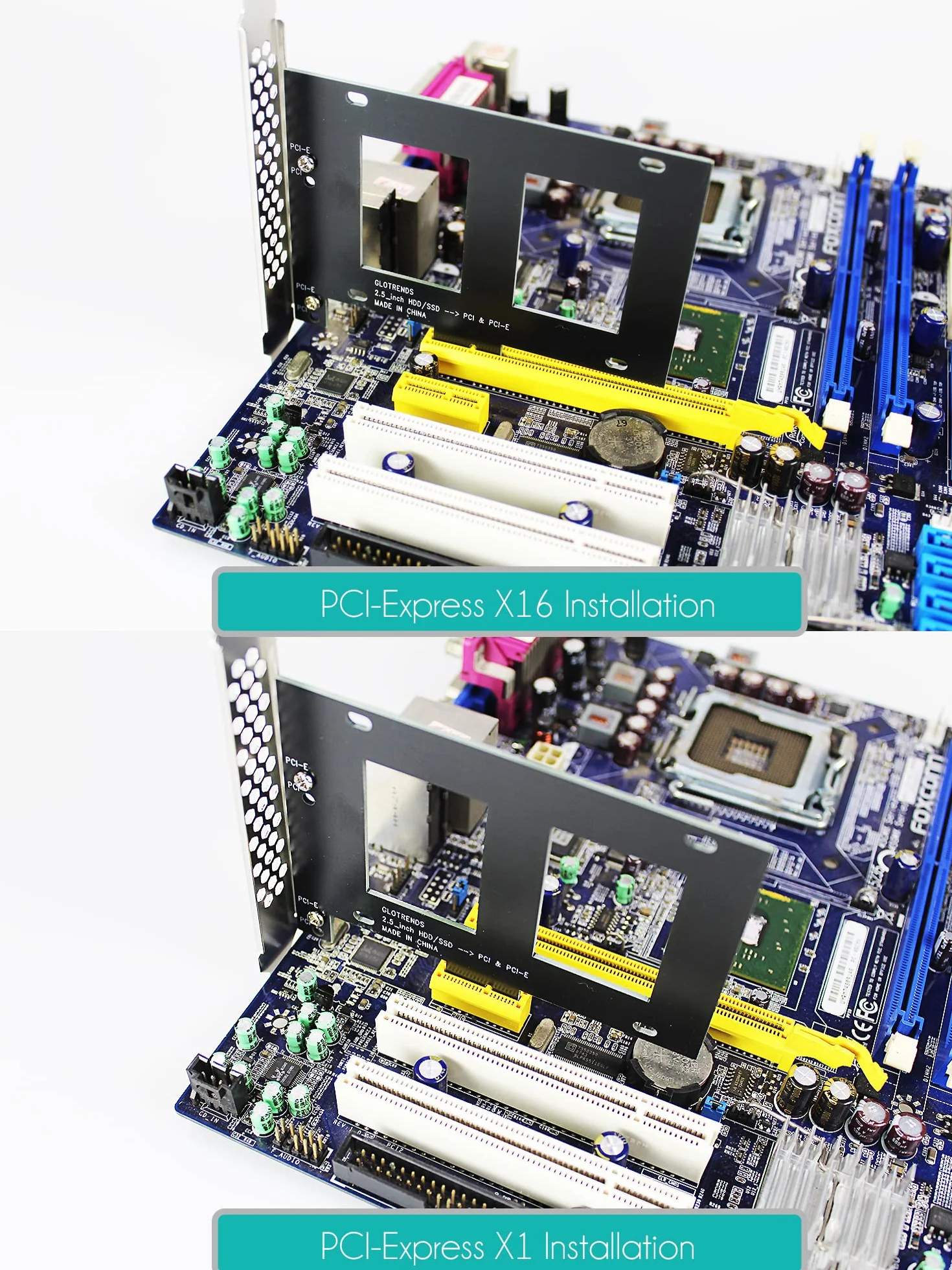 GLOTRENDS Uchwyt do montażu dysków SSD/HDD 2,5 cala z kablem SATA III i śrubami do dysków SSD, instalacja na slotach PCIe lub PCI
