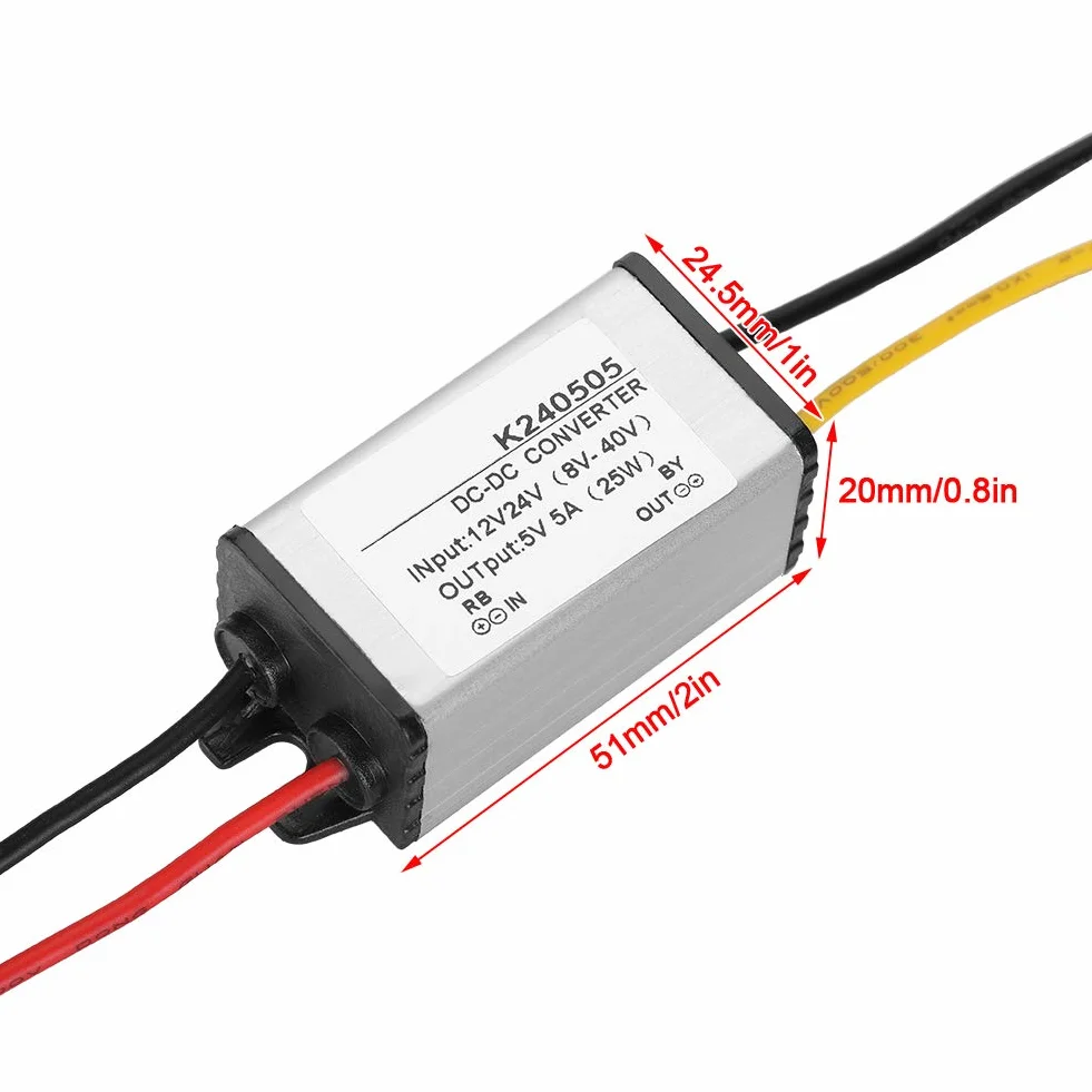 Konwerter Napięcia DC/DC 12V/24V do 5V, 5A, 25W, Regulator Napięcia Zasilacz Samochodowy, 60x24.5x20mm