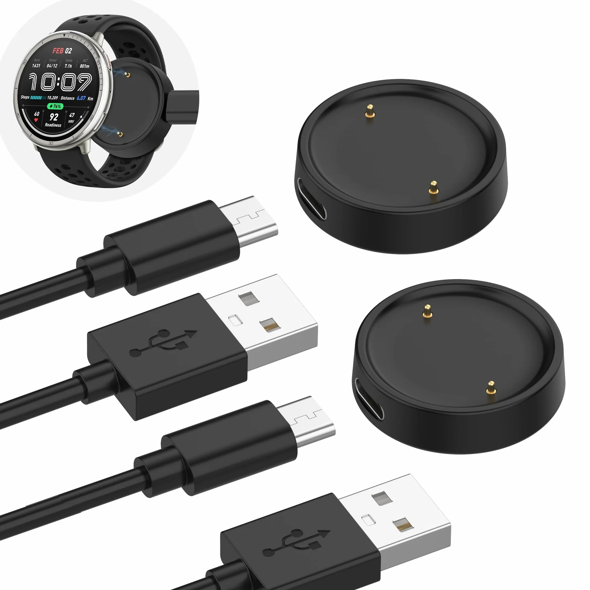Ładowarka USB C, kompatybilna z Amaz fit Active 2 / Amaz fit Bip 6, kabel USB 100 cm, zamiennik kabla do ładowania stacji ładującej Amaz fit Active2, bip6, 2 szt., czarna