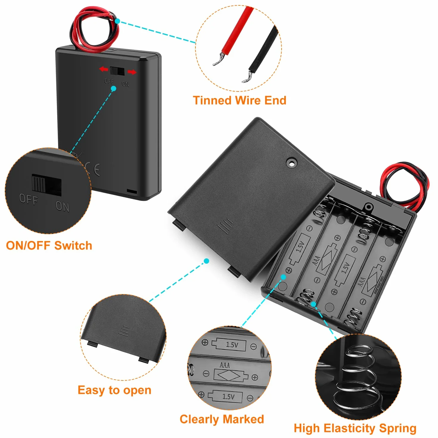 5 Sztuk 4 AAA Uchwyty na Baterie, KUOQIY 4 x 1.5V AAA Battery Storage Box z Wire i Przełącznikiem ON/OFF i Pokrywą, z Plastikowym Pojemnikiem na Baterie i Śrubokrętami i Śrubami
