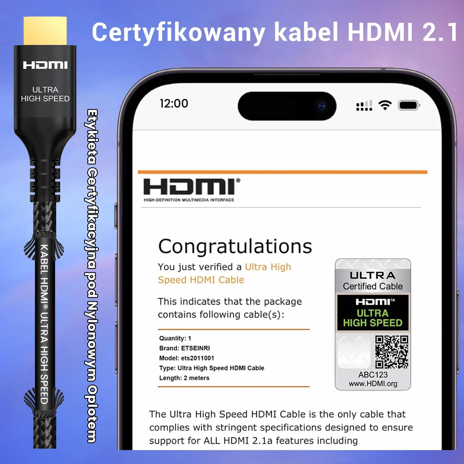 Etseinri 10K 8K 4K Kabel HDMI 2.1 2M, Certyfikowany 48Gbps Ultra Wysokiej Prędkości Kabel HDMI® 4K 240Hz 165Hz 120Hz 8K 60Hz 10K Przewód HDMI HDCP 2.3 Dolby Atmos eARC HDR10+ TV PC Monitor Projektor