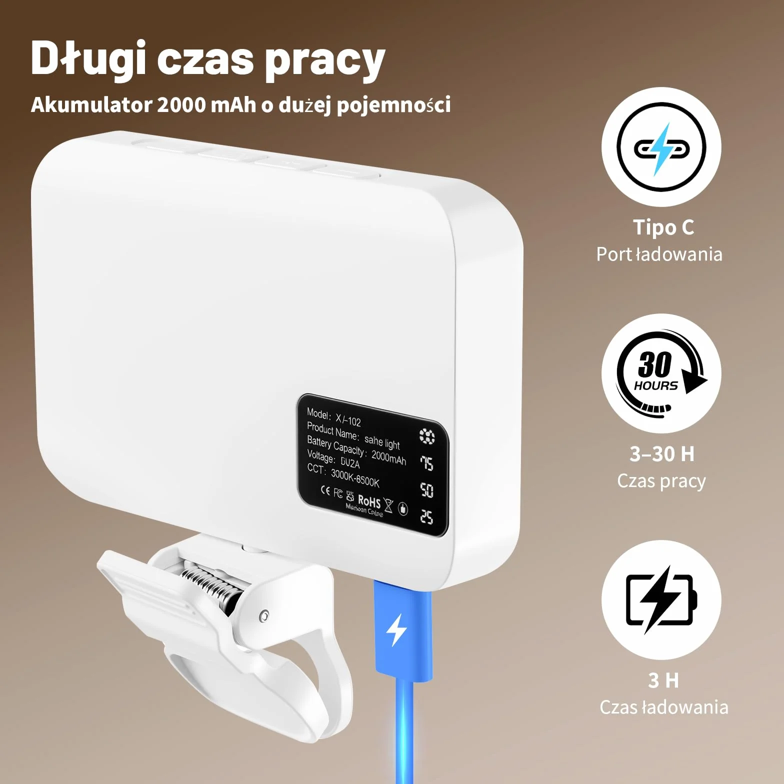 OUSFOT Lumiere Telefon z 3 trybami oświetlenia, 3000-6500K, 10 poziomów jasności do telefonu z baterią 2000 mAh z klipsem, do telefonu, aparatu, komputera