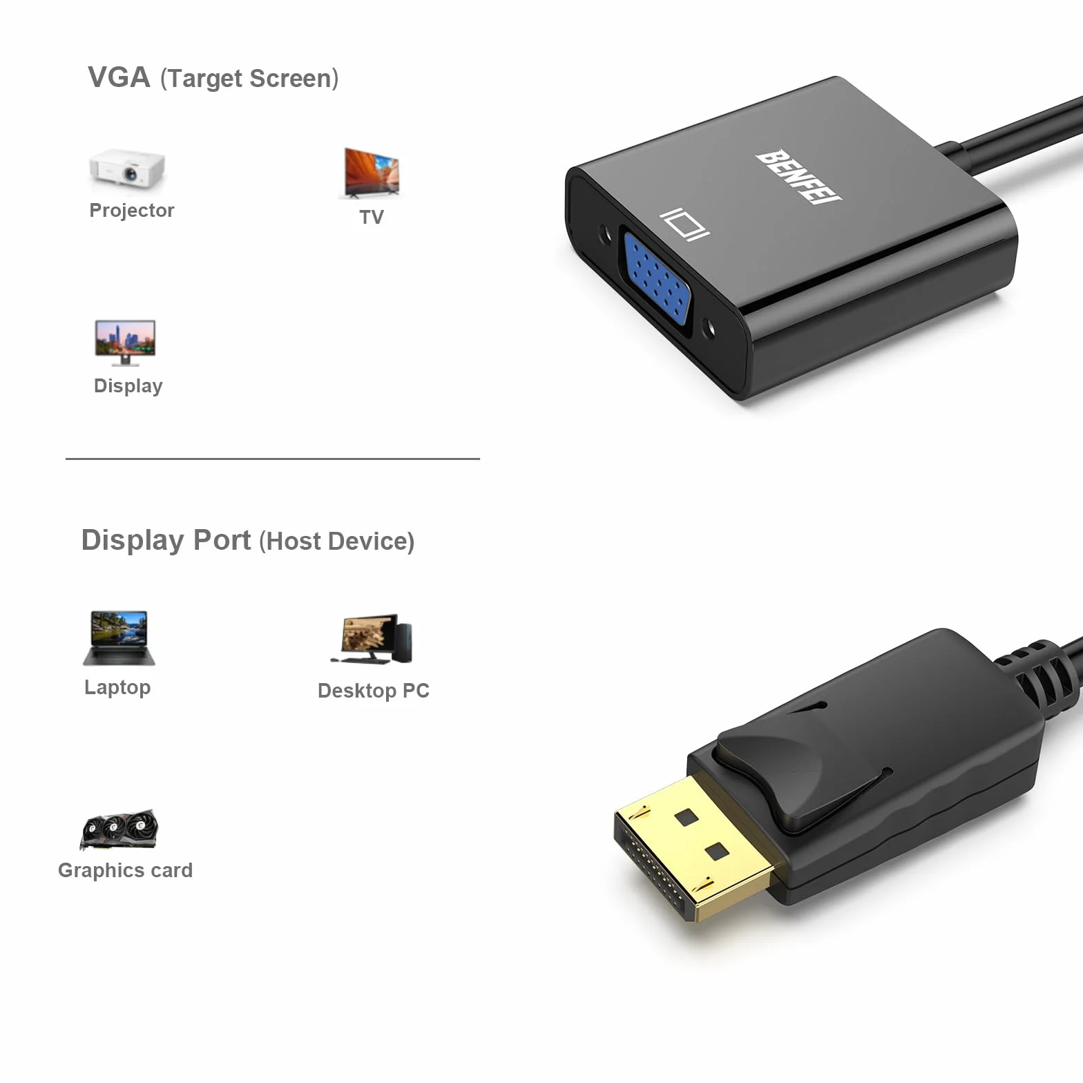 BENFEI DisplayPort na VGA, pozłacany adapter DP na VGA (męski na żeński) kompatybilny z Lenovo, Dell, HP, ASUS