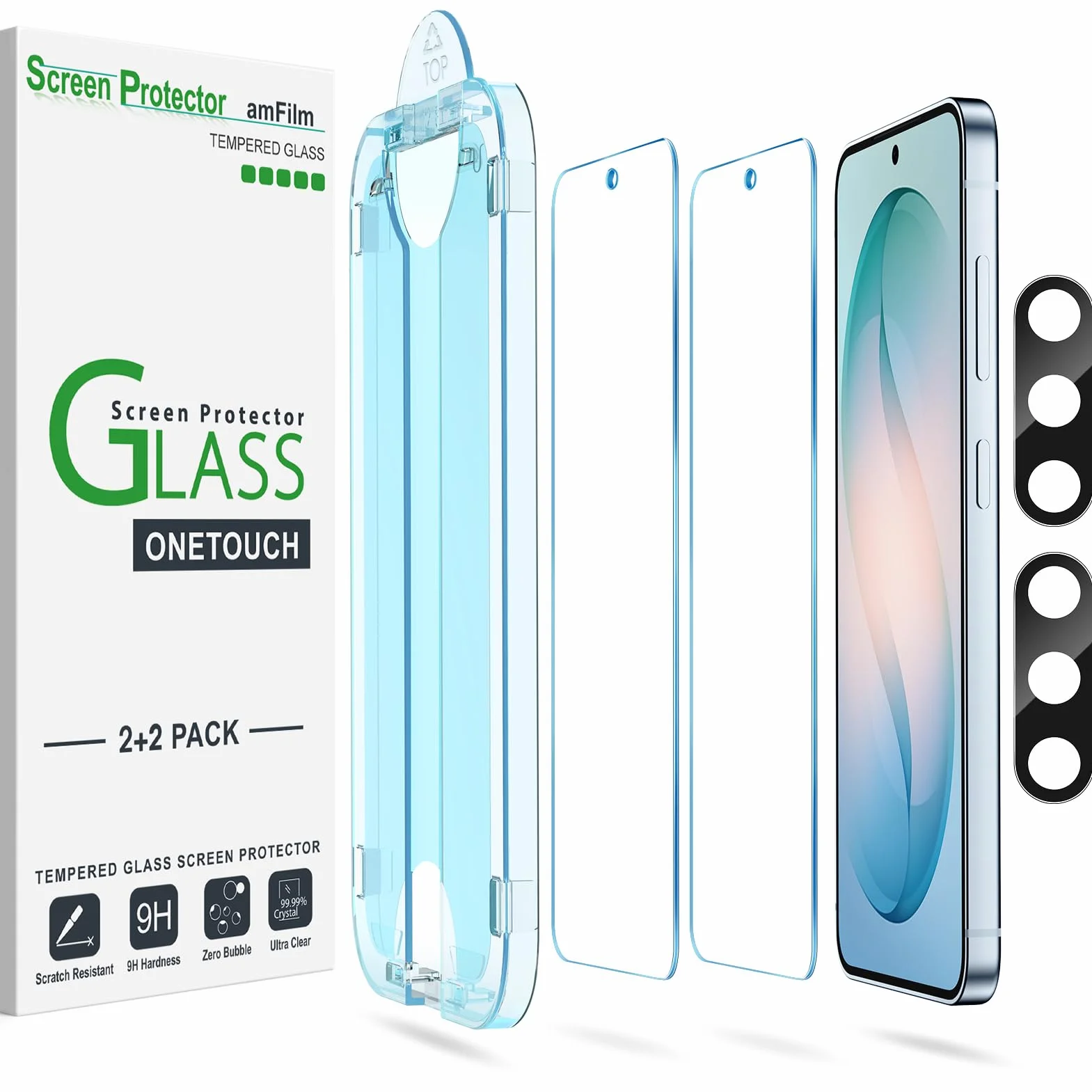 amFilm Pakiet 2+2 Zabezpieczenie Ekranu OneTouch do Samsung Galaxy S26 5G, Twardość 9H z Ochroną Obiektywu Aparatu ze Szkła Hartowanego, łatwa Instalacja i bez Pęcherzyków Powietrza