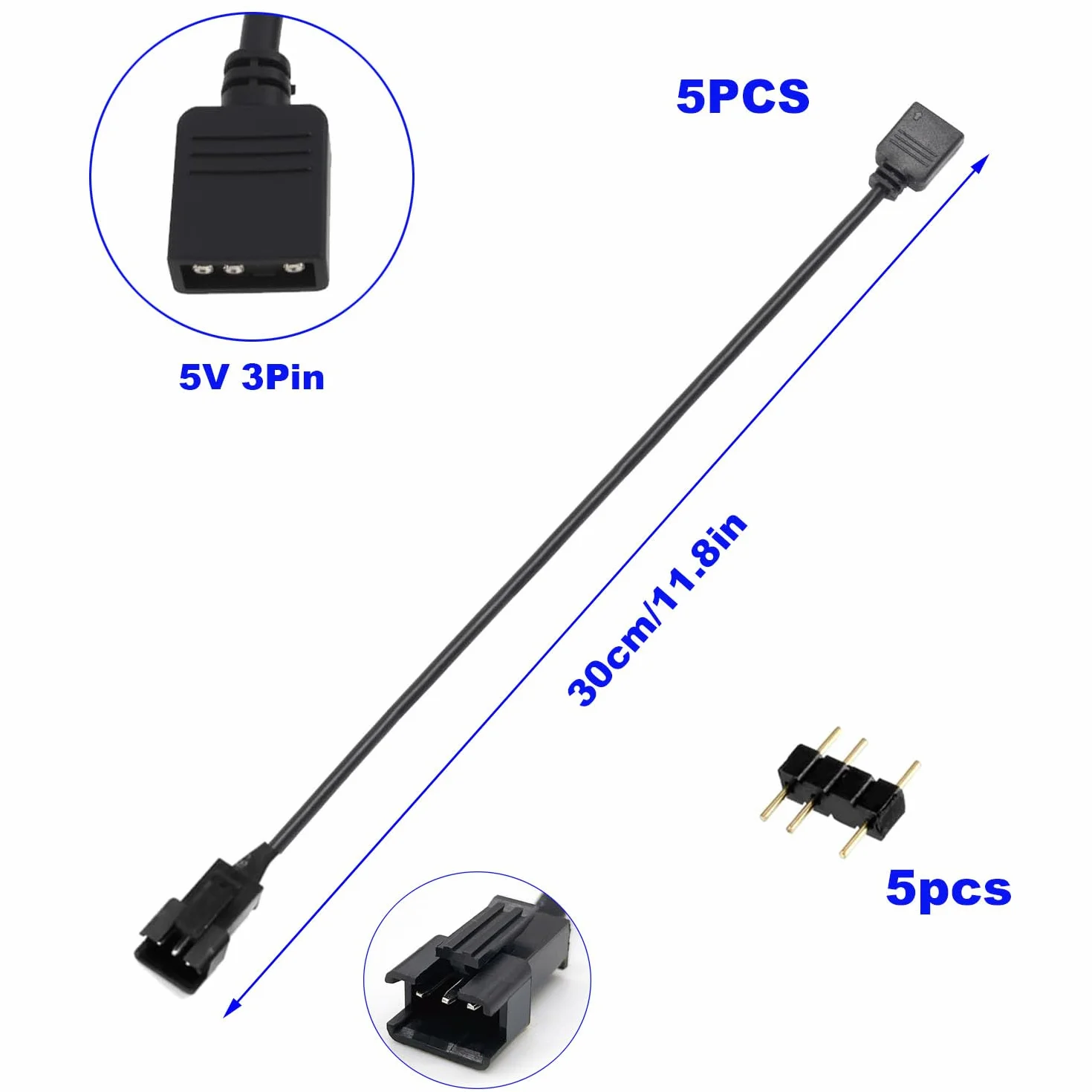 RUNCCI-YUN 5 sztuk Kabel Rozdzielacz 1 do 1 ARGB 5V 3 Pin żeński do SM 3-pinowy męski przedłużacz, rozdzielacz ARGB do wentylatorów RGB i taśm LED (czarny)