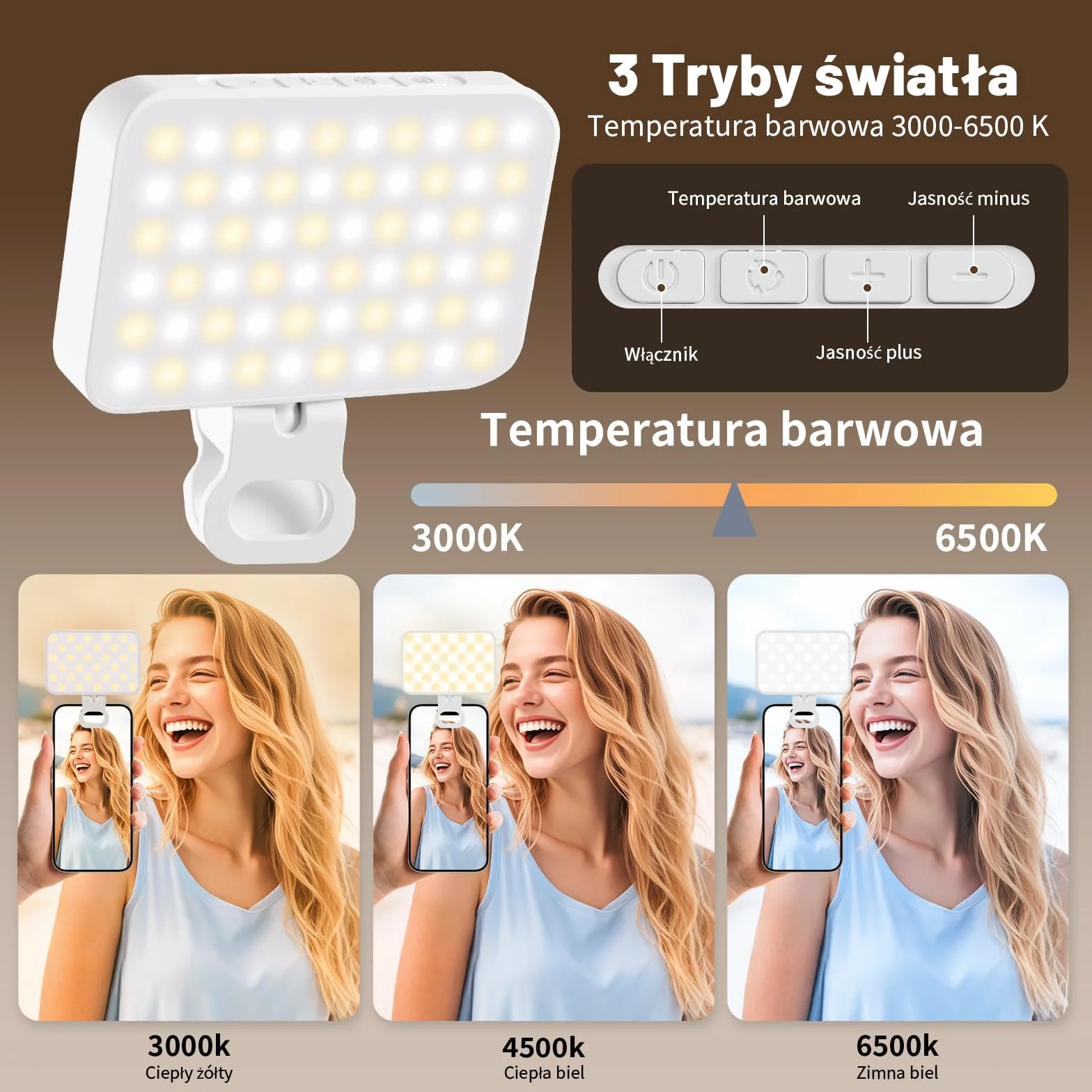 OUSFOT Lumiere Telefon z 3 trybami oświetlenia, 3000-6500K, 10 poziomów jasności do telefonu z baterią 2000 mAh z klipsem, do telefonu, aparatu, komputera