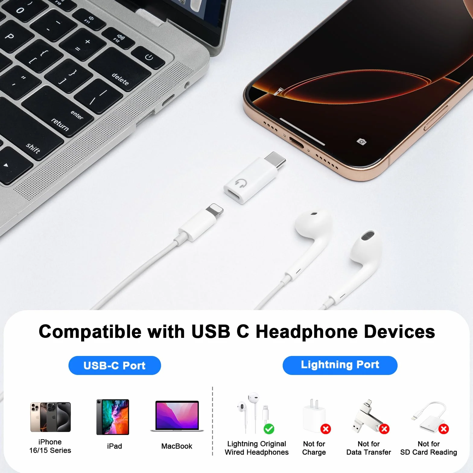Adapter Lightning do USB C audio z obsługą linii kontrolnej kompatybilny z iPhone 16/15 iPad