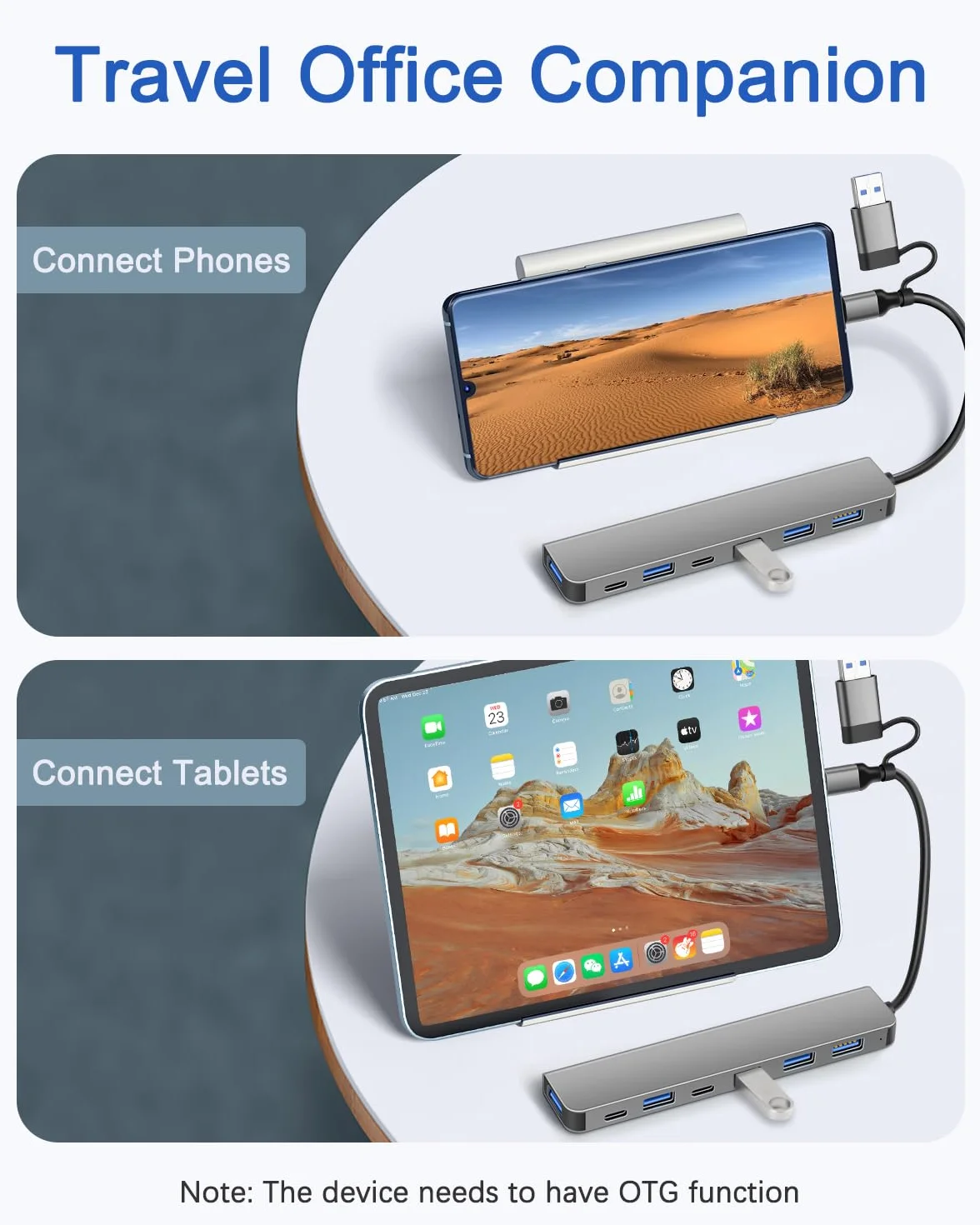DEMKICO 7-w-1 Hub USB z podwójnym złączem USB-A i USB-C, 1× USB 3.0, 4× USB 2.0, 2× porty danych USB-C, szybki adapter wielourządzeniowy do laptopów, tabletów i telefonów