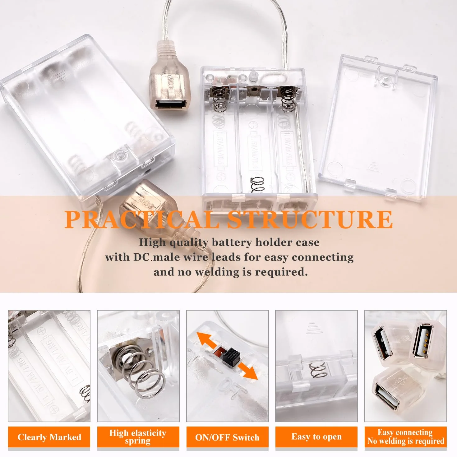 Uchwyty na Baterie AA 3x1.5V USB Żeński z Włącznikiem/Wyłącznikiem Przezroczysty