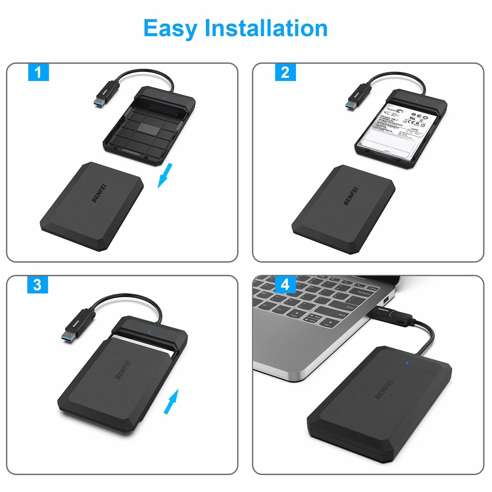 BENFEI 2,5-calowa obudowa SATA na USB Beznarzędziowa obudowa zewnętrznego dysku twardego, kompatybilna z USB C/A na Sata dla 2,5-calowych dysków SSD (zoptymalizowano dyski SSD, obsługuje UASP SATA III