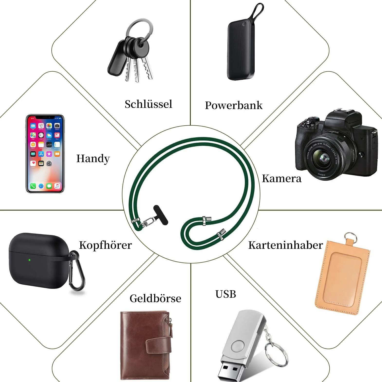 Uniwersalny Łańcuszek Telefonu Komórkowego, Regulowany Nylonowy Smycz Telefon Komórkowy, Telefonu Wszystkich Smartfonów z Etui Telefon Komórkowy Użytku na Zewnątrz, Podróży (Ciemnozielony)