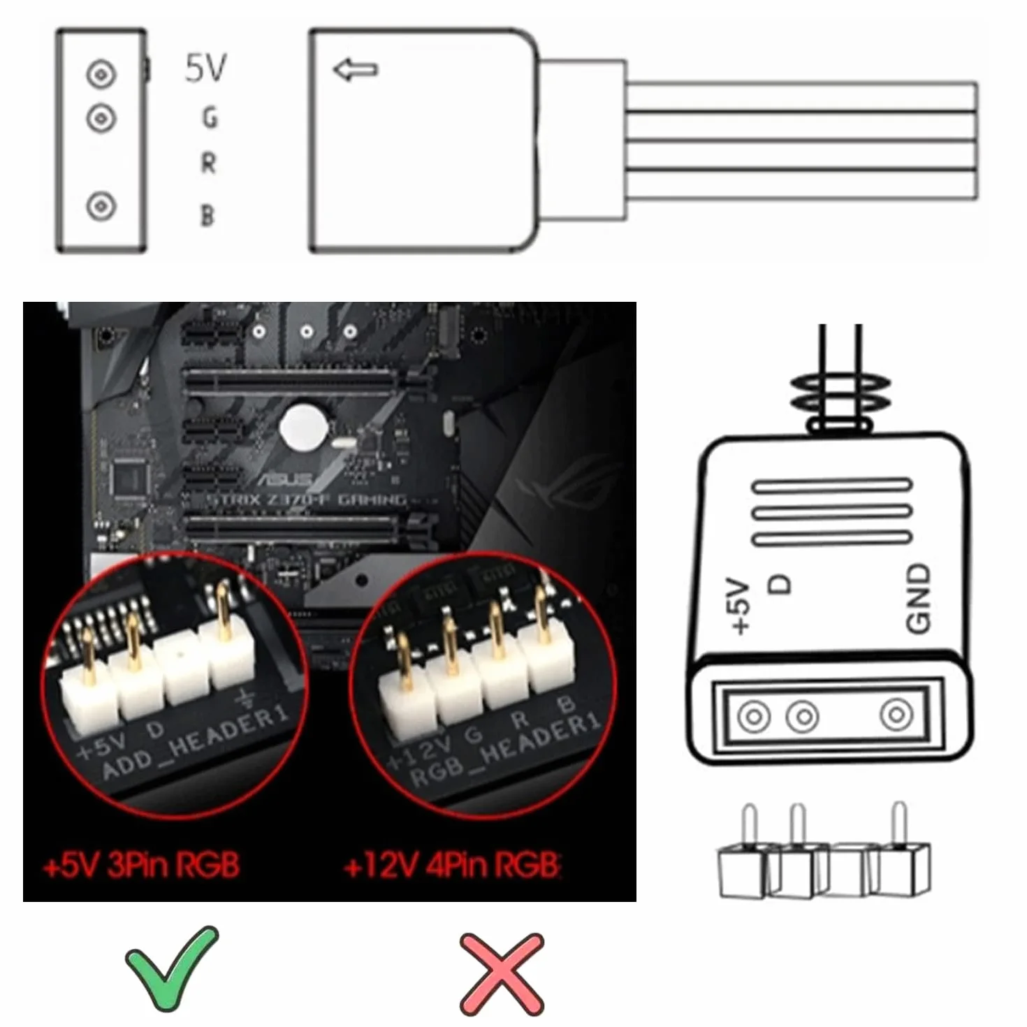 RUNCCI-YUN 5 sztuk Kabel Rozdzielacz 1 do 1 ARGB 5V 3 Pin żeński do SM 3-pinowy męski przedłużacz, rozdzielacz ARGB do wentylatorów RGB i taśm LED (czarny)